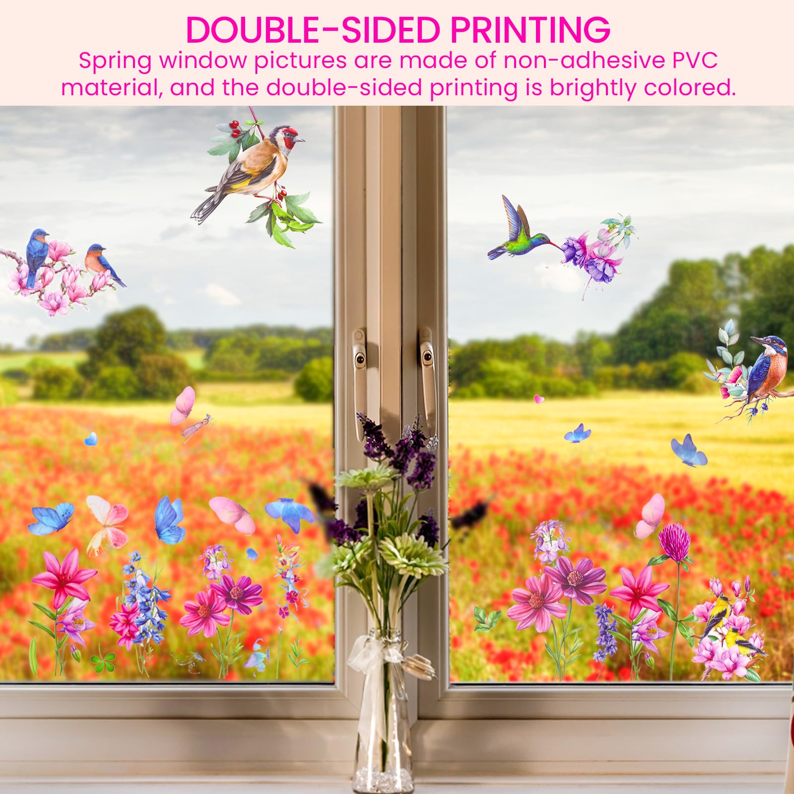 Adesivi Decorativi Per Finestre Primavera - 9 Fogli Con Fiori E Farfalle, PVC Riusabile - Foto 4