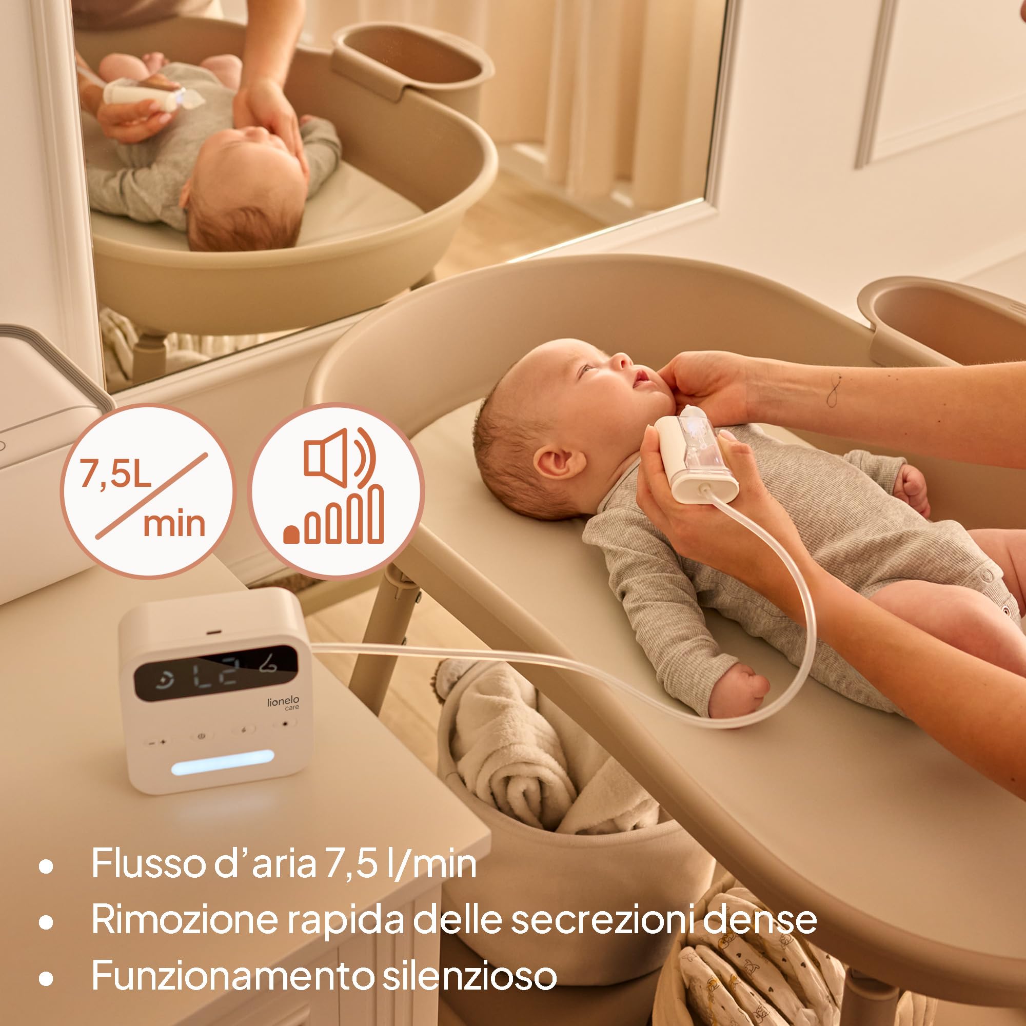 LIONELO Aspiratore Nasale Elettrico per Bambini senza Fili BabyAir Flow, 9 livelli di Aspirazione, 3 Becucci, Luce Notturna, Ricaricabile, Alta Potenza, Ricarica USB-C