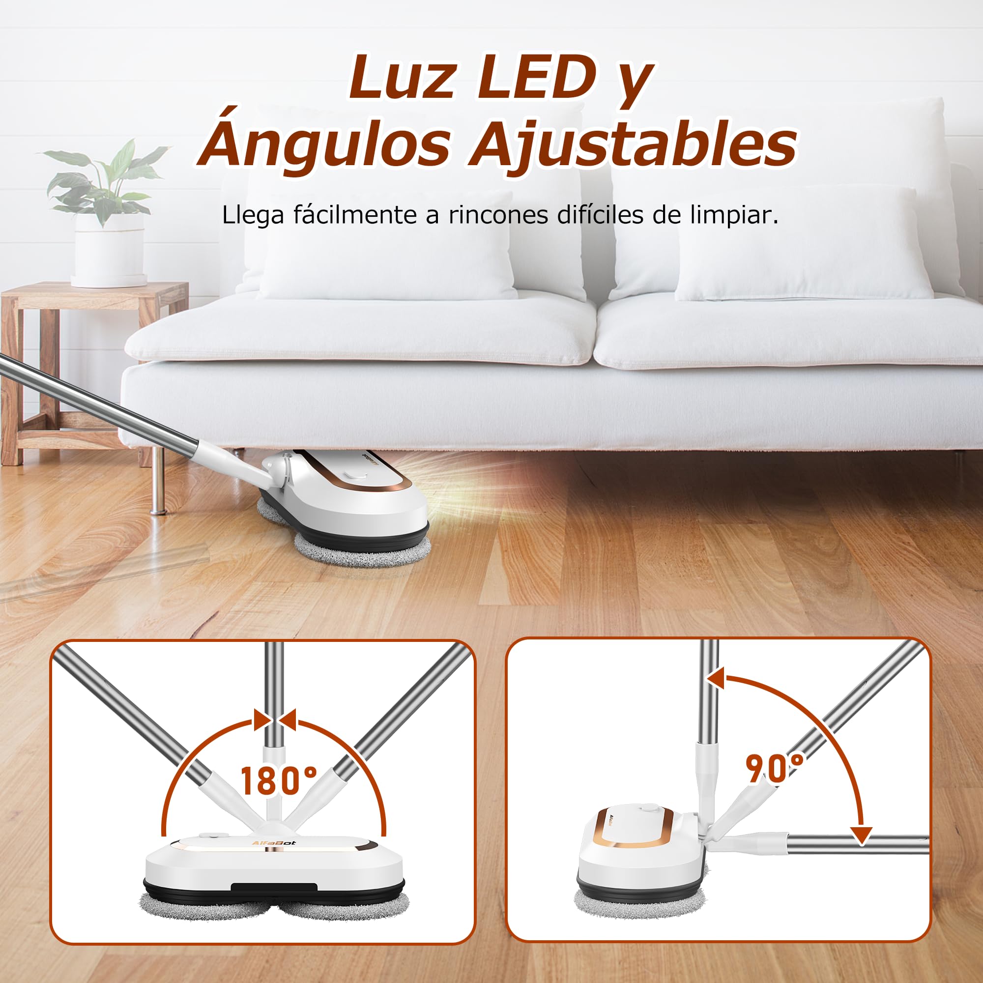 AlfaBot S2, Frefona Eléctrica Inalámbrica 400ML, 60min de Autonomía, Mopa Eléctrica sin Cable con Función de Pulverización y LED, Para Limpiar, Fregar y Pulir para Suelos de Madera y Baldosas