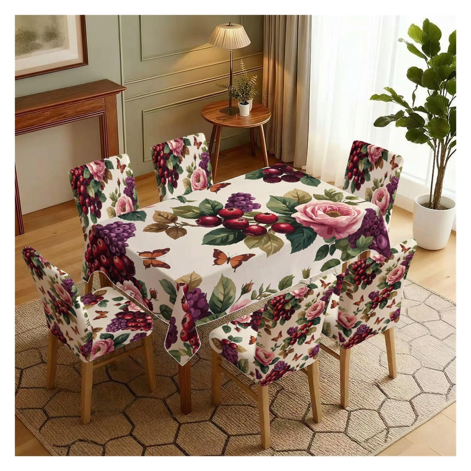 KXUAUV Cream Background Pink Rose Red Berry Butterfly Print Stretch Dining Chair Slipcover & Tablecloth Set, Vintage Garden Dining Decor, 5/7 Pack Party Decor(7pcs Set: Tablecloth+Chair Covers)