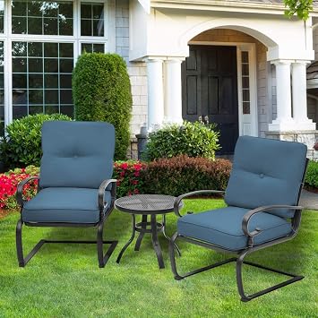 Outdoor 3 Pcs Patio Bistro Spring Set Motion Metal Lounge Chairs and Round Table, Steel Conversation Set with Washable Cushions, Peacock Blue