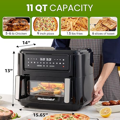 Miniatura 3 de Elite Gourmet Dual Zone Air Fryer Oven, 11QT Capacity with Divider, PFAS Free Nonstick, SYNC FINISH, 10 Preset Functions, Bake, Roast, Broil, Air
