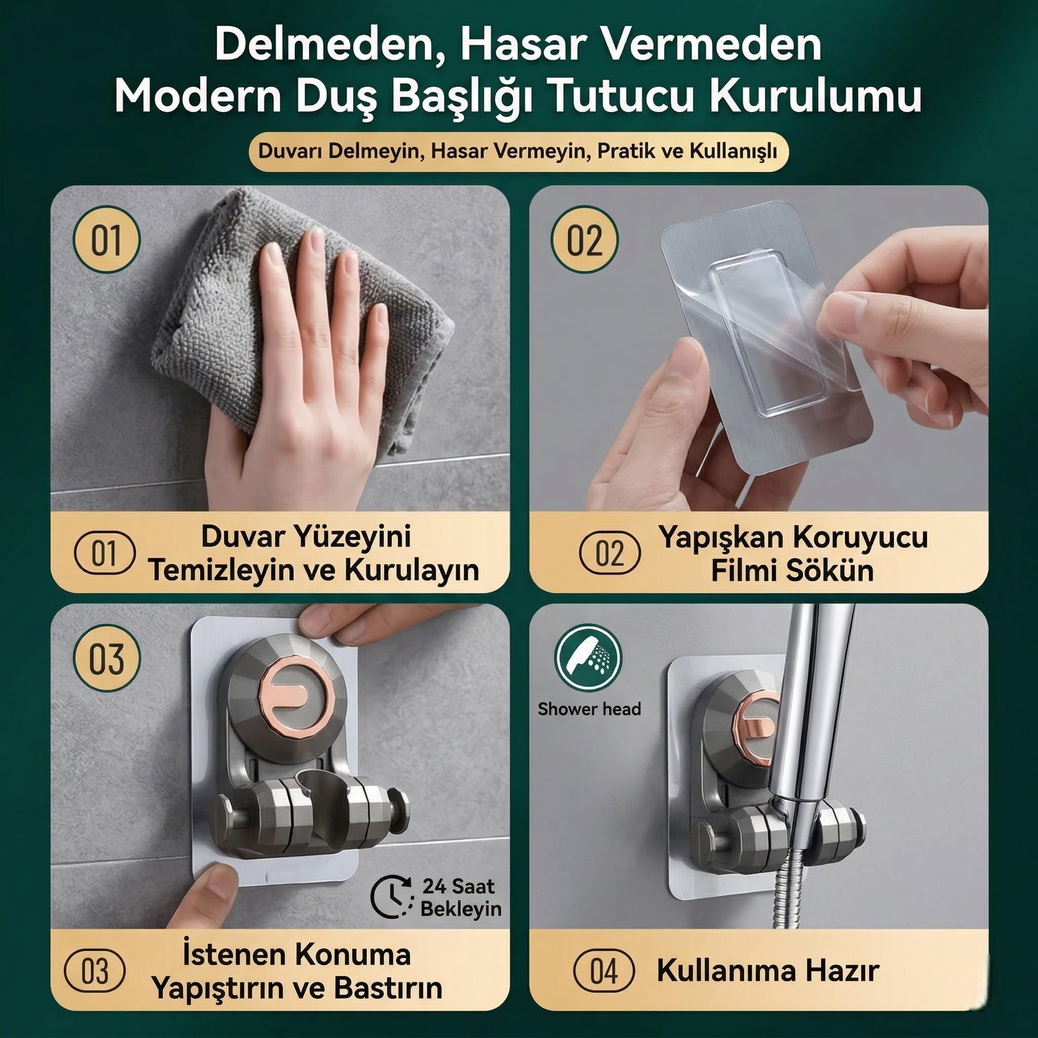 Kendinden Yapışkanlı Duş Başlığı Tutucu, Delme Gerektirmeyen, Lif Askılıklı