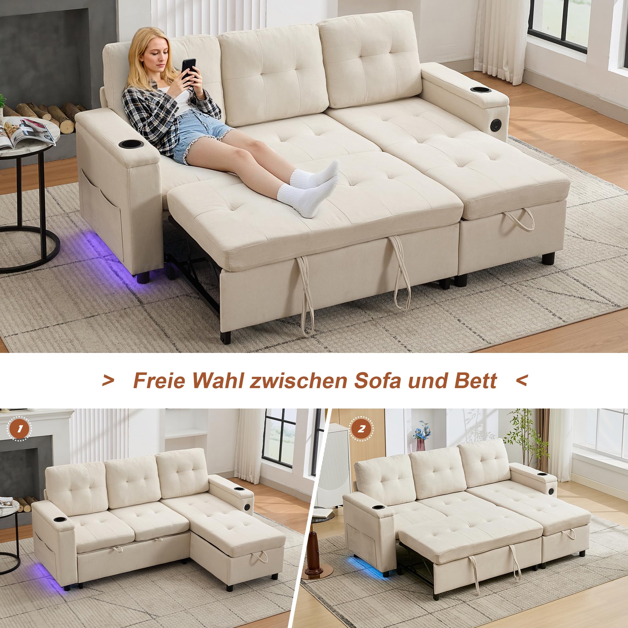 Merax Ecksofa mit Schlaffunktion & Bettkasten, L-Form Polstersofas mit LED, 3-Sitzer Ausziehbares Schlafsofa, Klappsofa mit Ladefunktion & Getränkehaltern, Polstermöbel für Wohnzimmer, Wohnung, Beige