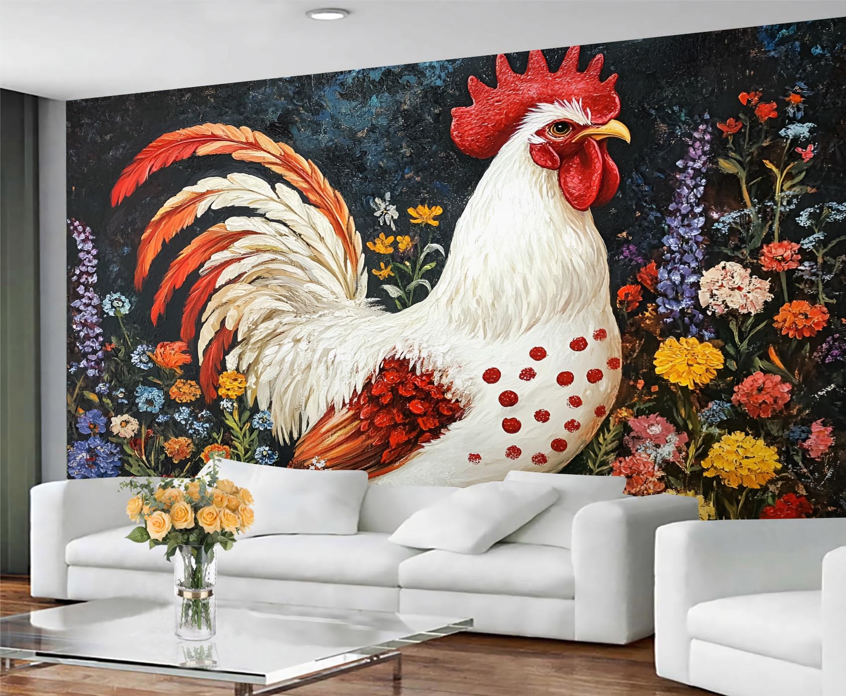 GIVLWF Rooster Wallpaper & Mural, Boho Floral Wallpaper for Living Room, Country Bedroom Wall Paper, Non-Self-Adhesive, Murals for Walls