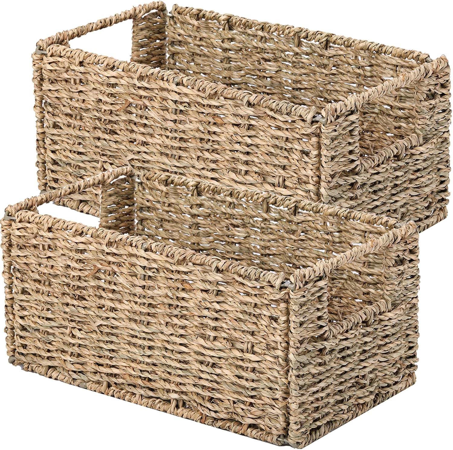 Vagusicc Storage Basket, Set of 2 Wicker Basket, Hand-Woven Seagrass Storage Baskets for Organizing, Foldable Rectangular Cube Storage Organizer Bins Baskets for Shelves & Decor (Medium) Sea Grass 13.2"D x 8"W x 6.5"H