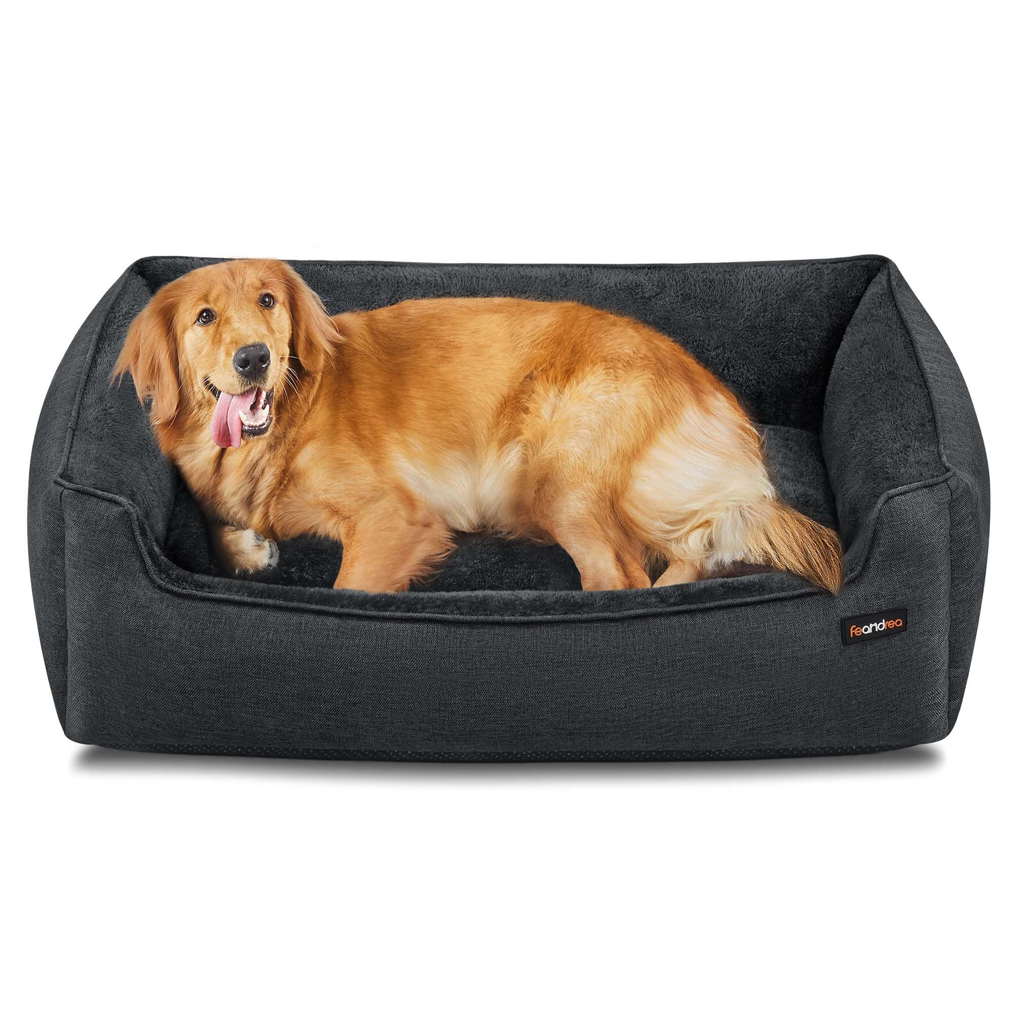 Feandrea Panier pour Chiens, Lit pour Animaux, Canapé, en Tissu Façon Lin, Bords Rehaussés, Antiglisse, Housse Amovible Lavable, Taille XL pour Grands Chiens, 110 x 75 x 27 cm, Gris Foncé PGW012G01