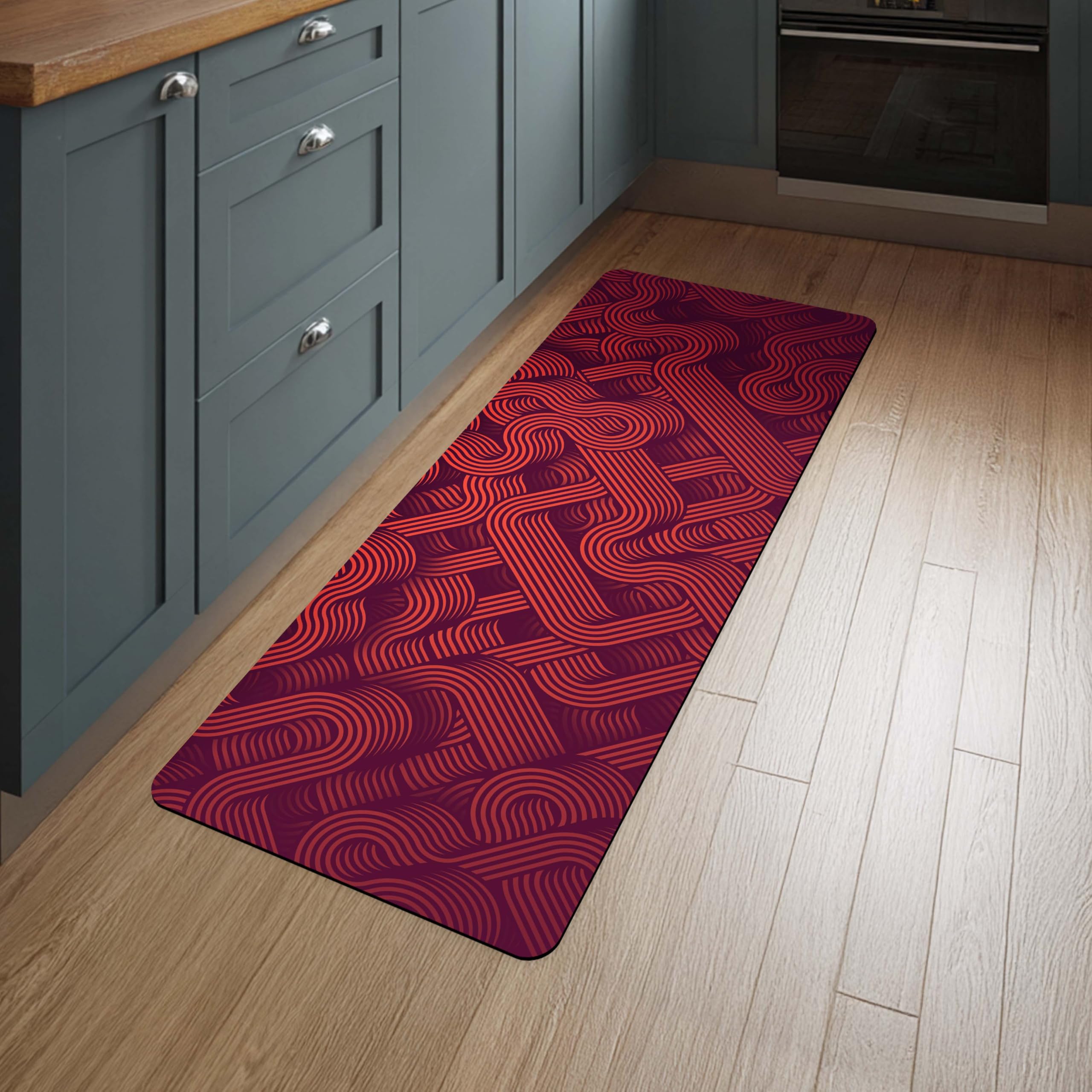 TURTLEWINGS Floor Mat 120×40 cm – Quick Dry Anti Slip Diatomite Kitchen Mat | Soft Rubber Backing Washable Long Floor Runner | 3 mm Thickness Kitchen Sink Mat (Red Geometric Abstract)-image-2