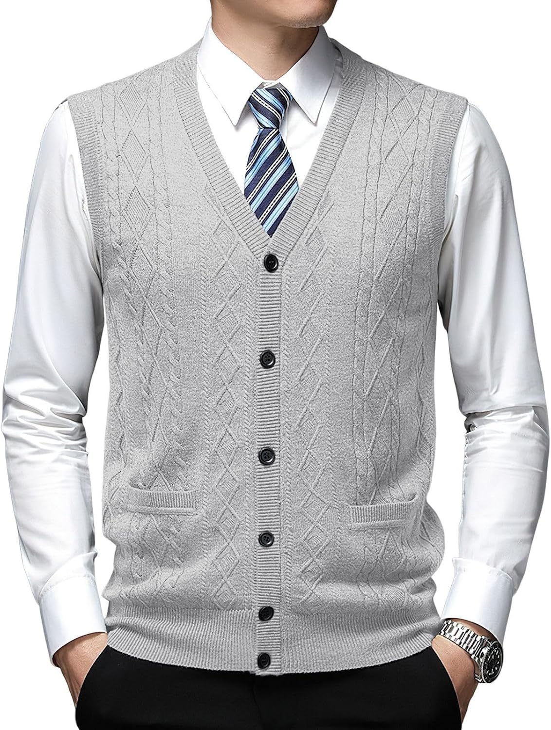 Men's Classic V Neck Wool Blend Sweater Vest Sleeveless Button Front Knit Cardigan Vest with Pocket