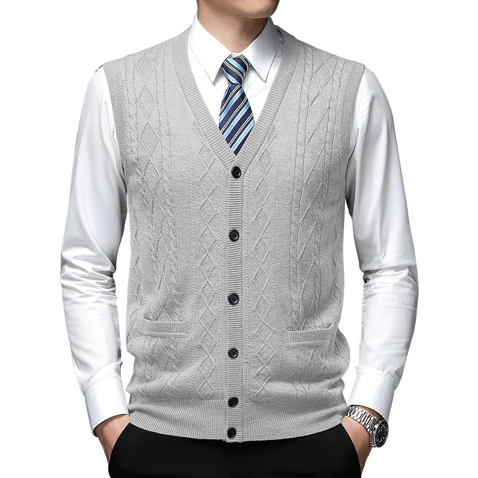 Men's Classic V Neck Wool Blend Sweater Vest Sleeveless Button Front Knit Cardigan Vest with Pocket-image-24