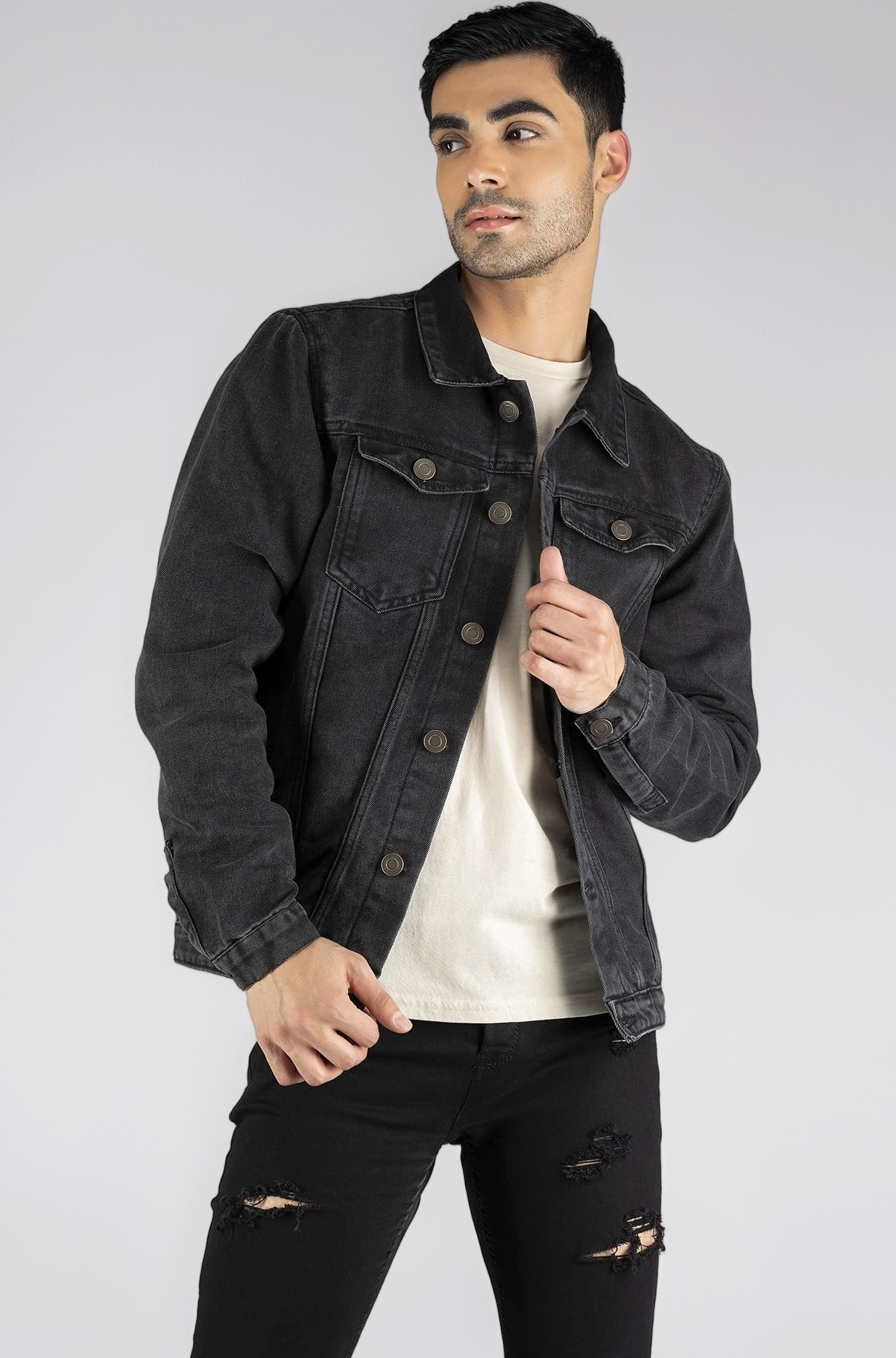 Men's Regular Fit Long Sleeve Button Down Panel Denim Jacket