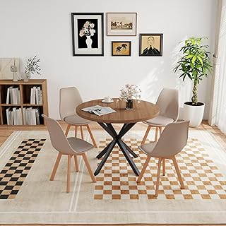 Comprar GrandCA HOME - Juego de Comedor con 4 sillas, Mesa Redonda de Madera de 100 x 100 x 75 cm, 4 sillas de Respaldo Alto, Patas de Madera de Haya (marrón Oscuro y Caqui)