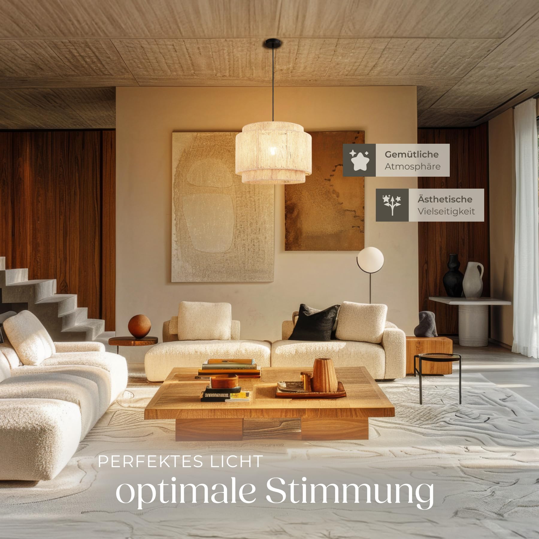 tectake® Hängelampe im Boho Stil, Pendelleuchte aus Jute, Vintage Lampenschirm Hängelampe, Ø 46 cm, Pendelleuchte Esstisch, Küchenlampe, Deckenleuchte Schlafzimmer, E27 Lampe Hängend, Hängeleuchte