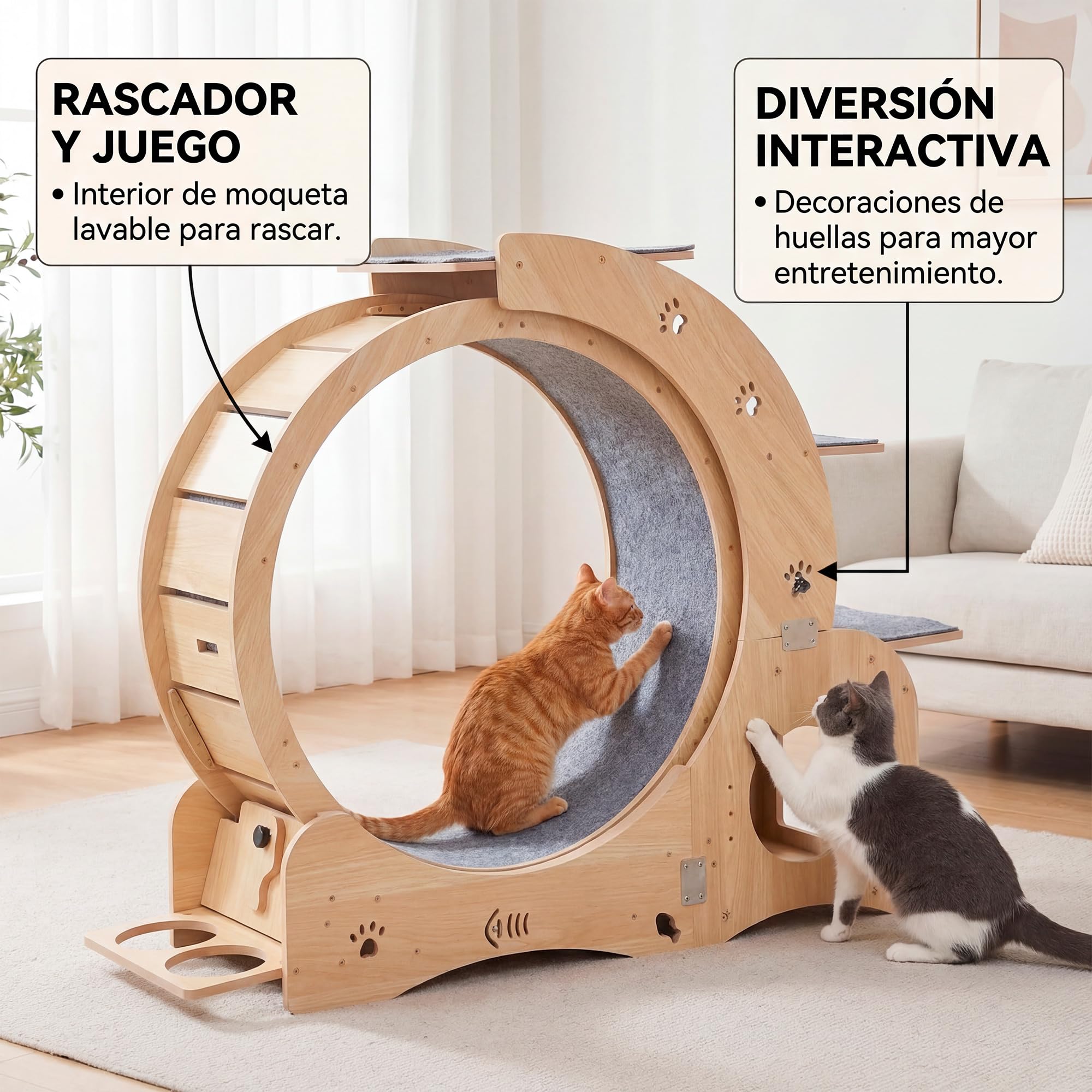 Rueda de Ejercicio para Gatos de Madera Maciza 5 en 1 (100cm) con Casita Integrada, Rascador, Plataformas y Cuencos – Cinta de Correr Silenciosa y Estable para Gatos Grandes y Perros Pequeños