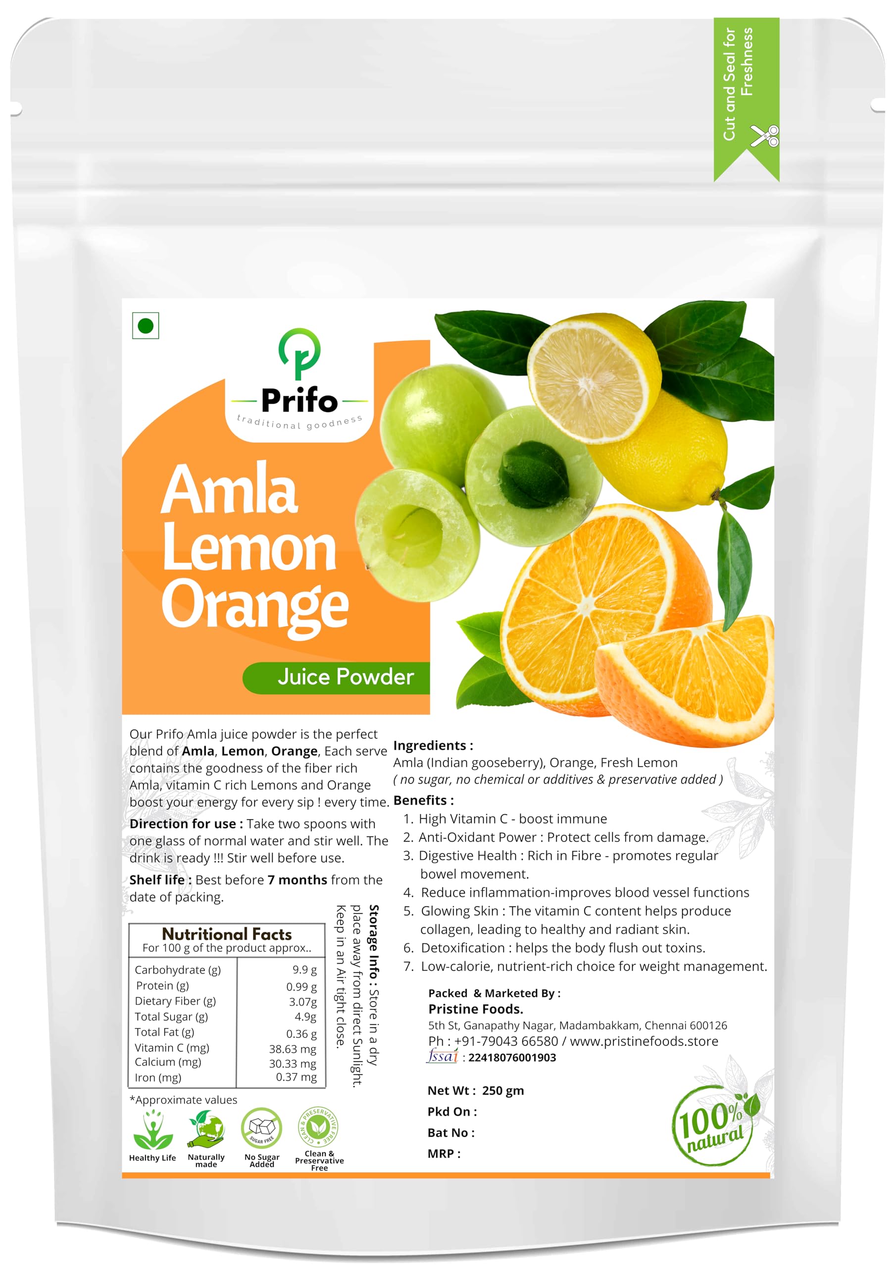 Prifo traditional goodness Amla Lemon Orange Juice Powder | Natural Drink | Instant mix | No Sugar Added | Vitamin C Rich | Chemical Free Processing - 250 gm pack (B0D4DF9QX3) Amazon Price History, Amazon Price Tracker