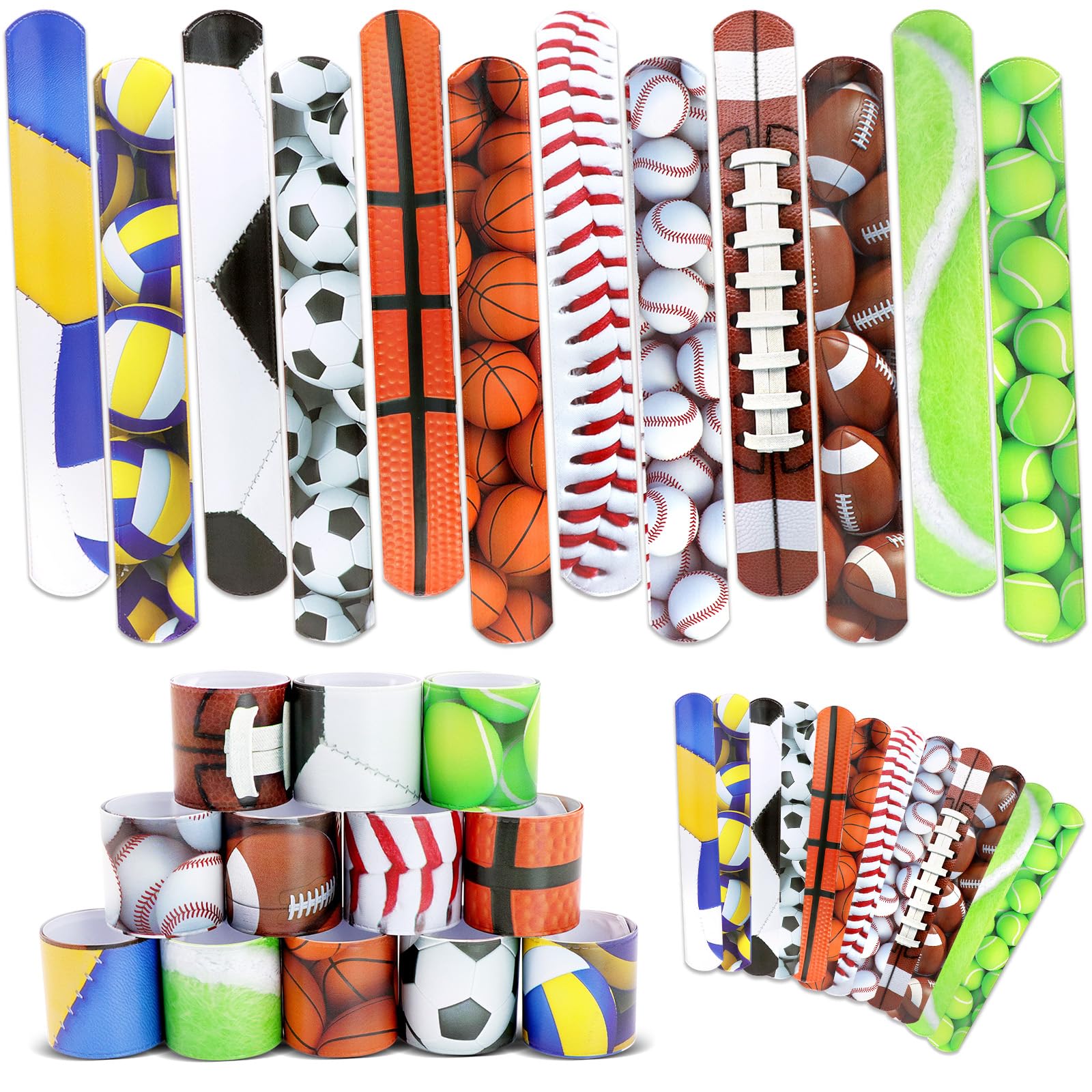Sports Slap Bracelets Set 48 Counts Sports Party Favors Football Basketball Soccer Baseball Volleyball Tennis Accessories Party Favors Bracelets Wristbands Football Party Supplies Classroom Prize