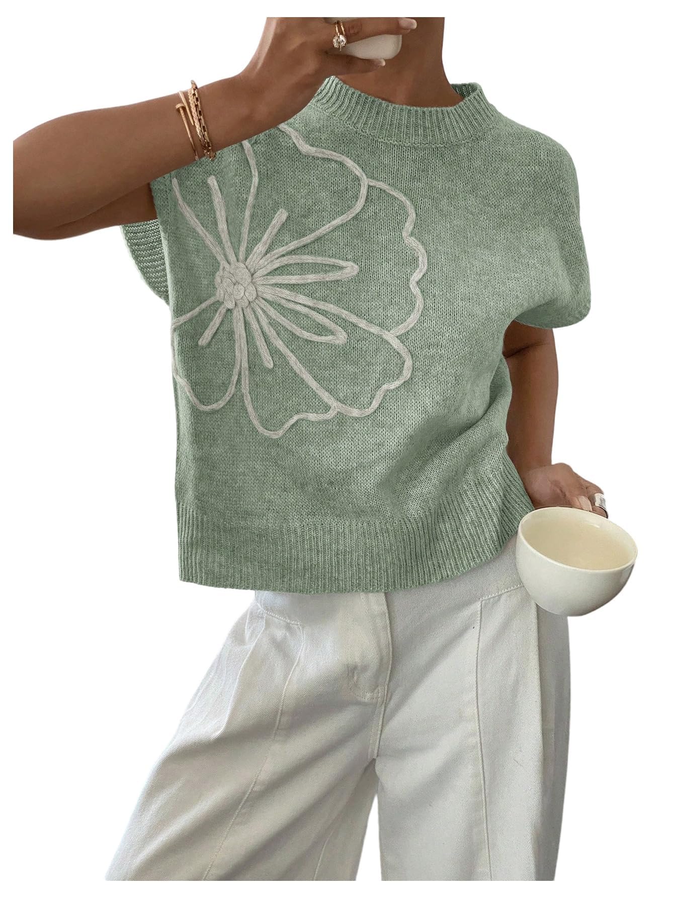 Women's Short Sleeve Sweater Vest 3D Flower Floral Decor Knit Crewnek Anthropologie Clothes Trendy Casual Cute Tops 2026