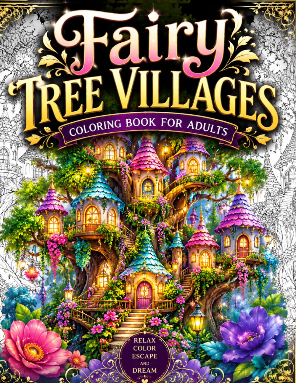 Fairy Tree Villages Coloring Book for Adults: 50 Enchanted Treehouse Worlds, Cozy Fantasy Villages, Magical Woodland Cottages, Hidden Forest Kingdoms ... for Relaxation, Mindfulness and Stress Relief