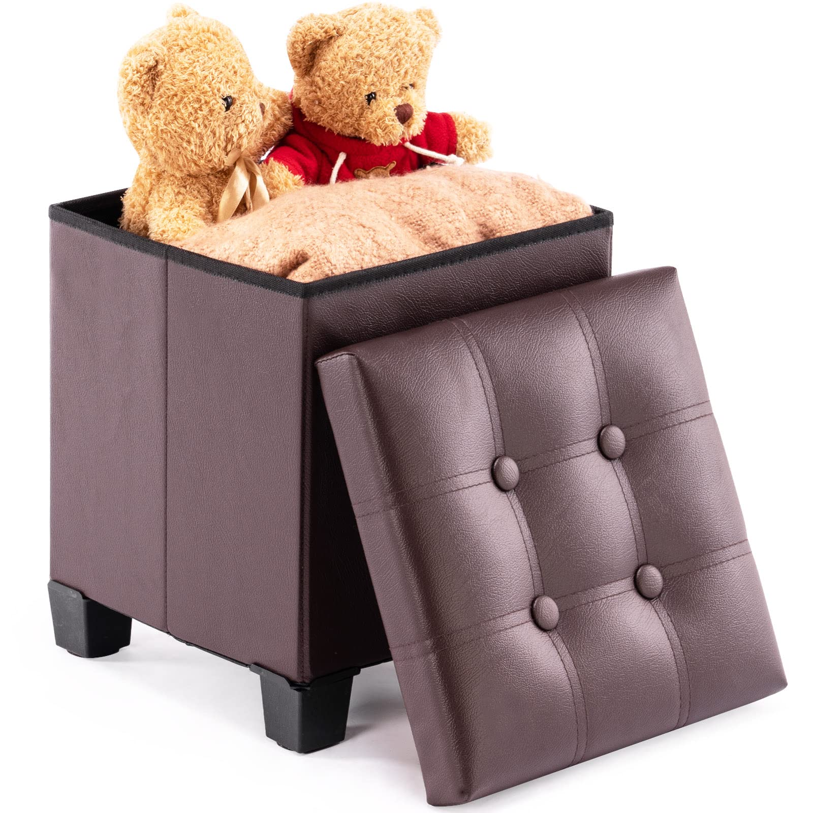Apicizon13 inches Small Ottoman with Storage Cube, Foot Stool PU Faux Leather Foldable Footrest for Living Room Bedroom, Brown