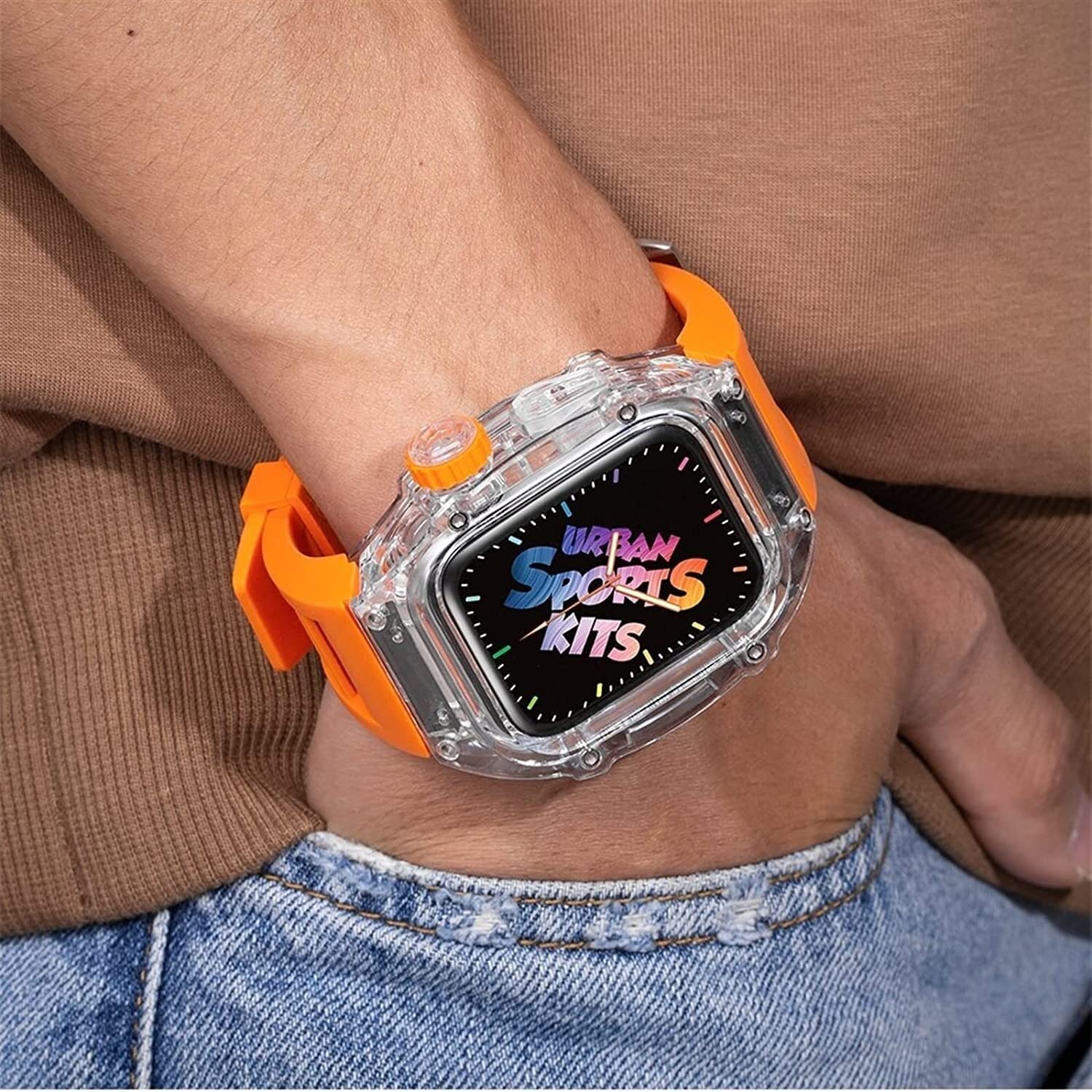 Correa de reloj de silicona y funda transparente de protección completa, para Apple Watch Series de 45 mm, 44 mm, funda rígida de policarbonato y correa de reloj deportiva, repuesto para iWatch