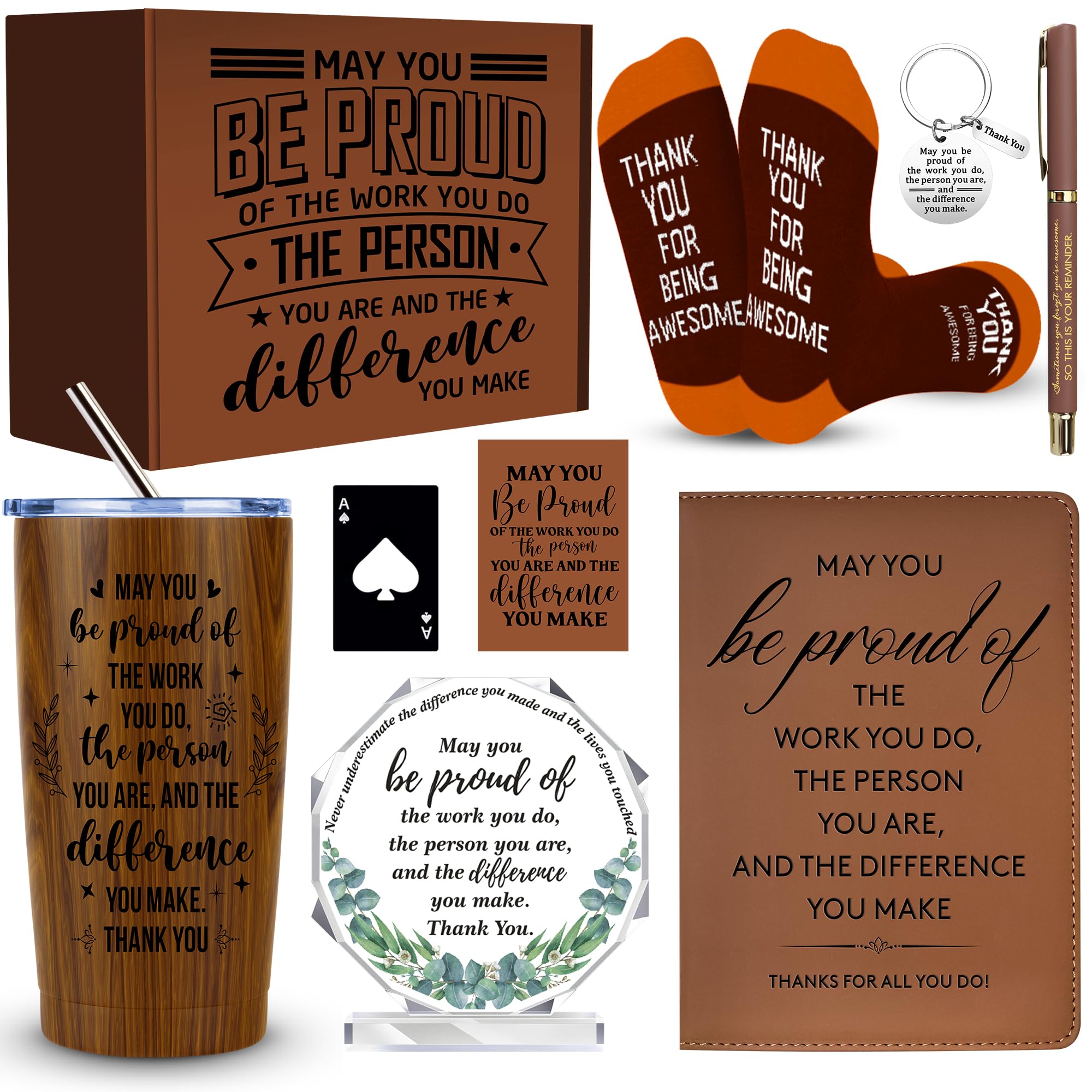 JTAMOHI 9 Pcs Employee Appreciation Gifts for Men, Best Coworker Appreciation Gifts with 20 Oz Tumbler, Leather Journal Notebook, Socks, Acrylic Award Plaque Sign, Thank You Gift for Employee