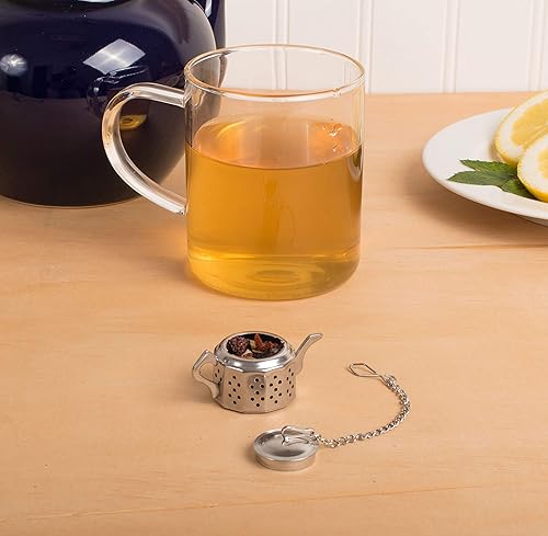 Miniatura 2 de HIC Kitchen Infusor de té, forma de tetera con bandeja de goteo, acero inoxidable 188, juego de 2