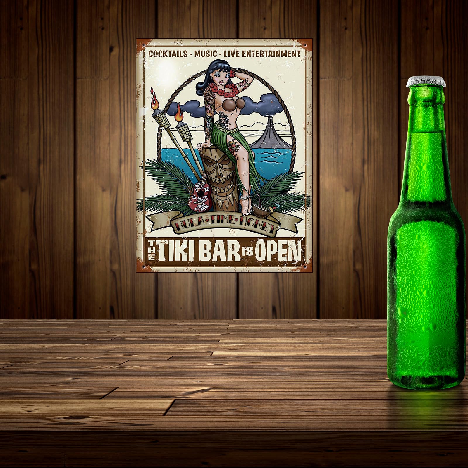 Shawprint TIKI BAR OPEN COCKTAIL METAL TIN PLAQUE ADVERTISING WALL SIGN RETRO ART PUB BAR CLUB MAN CAVE (10" x 8") - Image 2