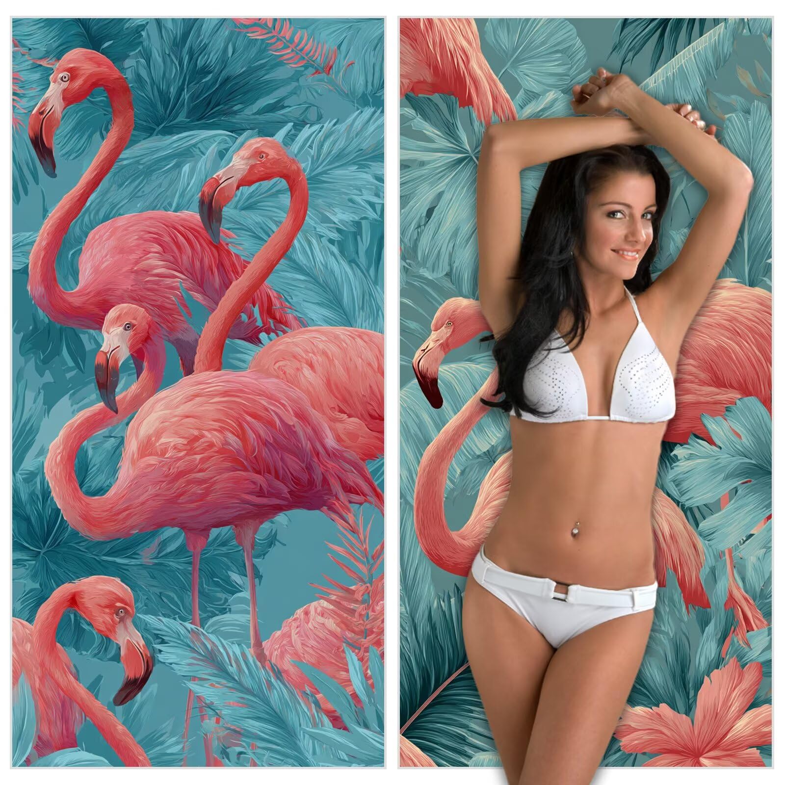 Ręcznik plażowy z flamingiem, mikrofibra 100 x 220 cm, turkusowy, 2 sztuki, szybkoschnący, ultra cienki, kompaktowy, z torbą, dla kobiet i mężczyzn, na kemping, fitness, urlop YJ-1025
