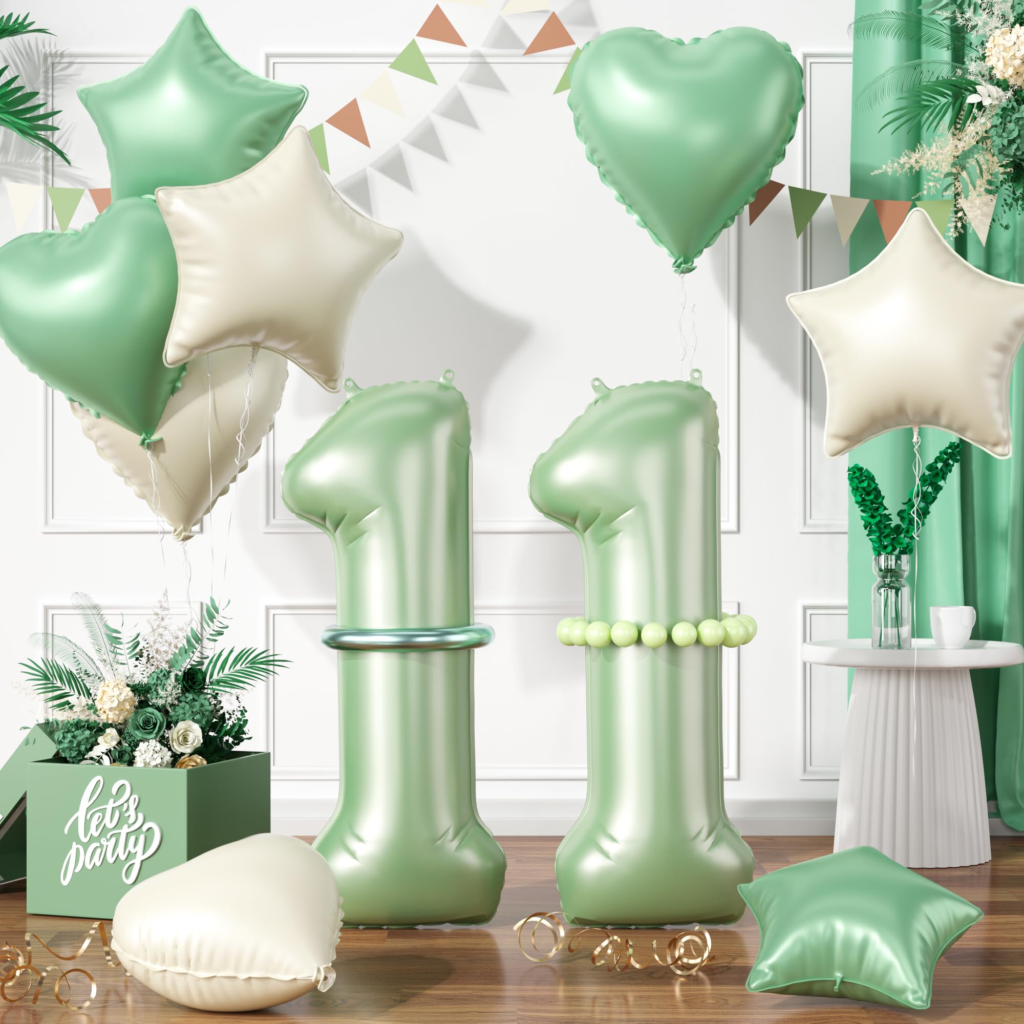 Sage Green Number 11 Balloons, Green 11 Number Balloons, 11th Number Balloons, Olive Green Cream White Foil Star Heart Balloon With Long Balloon For