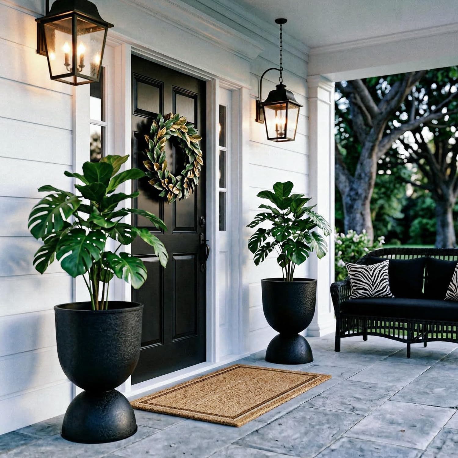 KOL Planters Flower Pots, Plastic Urn Planters for Indoor Outdoor Plants, Black Pedestal Planter Pots 2 Pack, 18 Inch Tall Decorative Planters with Drainage Holes & Plugs for Front Porch Patio Garden