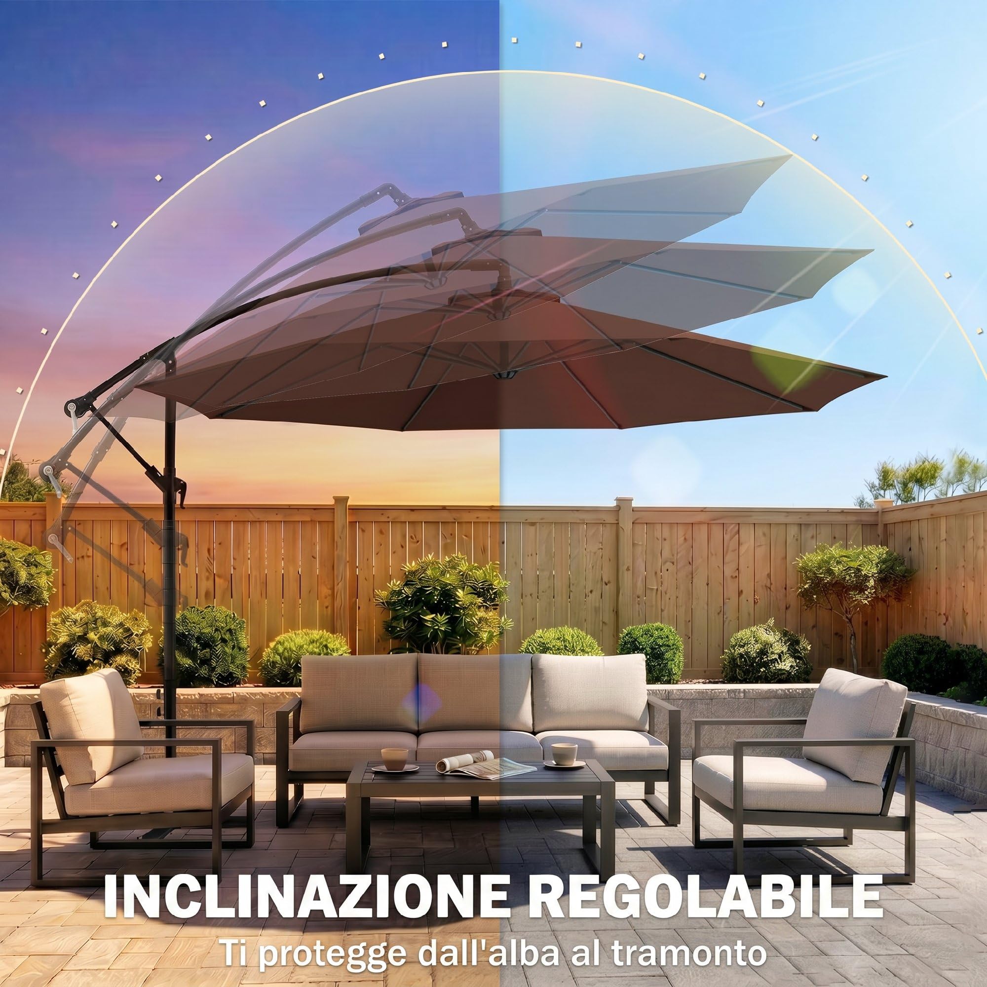 Outsunny Ombrellone da Giardino 3x3m con Tettuccio Regolabile, Base a Croce, Prese d'Aria, Manovella, Ombrellone Decentrato Inclinabile in Acciaio e Poliestere, per Cortile Terrazza, Marrone