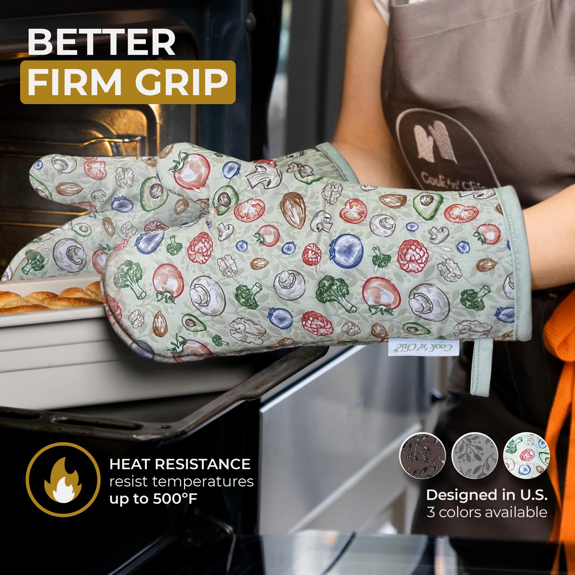 Cook'n'Chic - Guantes de horno resistentes al calor, elegantes y hermosos, agarre de silicona platino antideslizante, largos y gruesos, exterior 100% algodón natural y forro de tela de rizo suave,