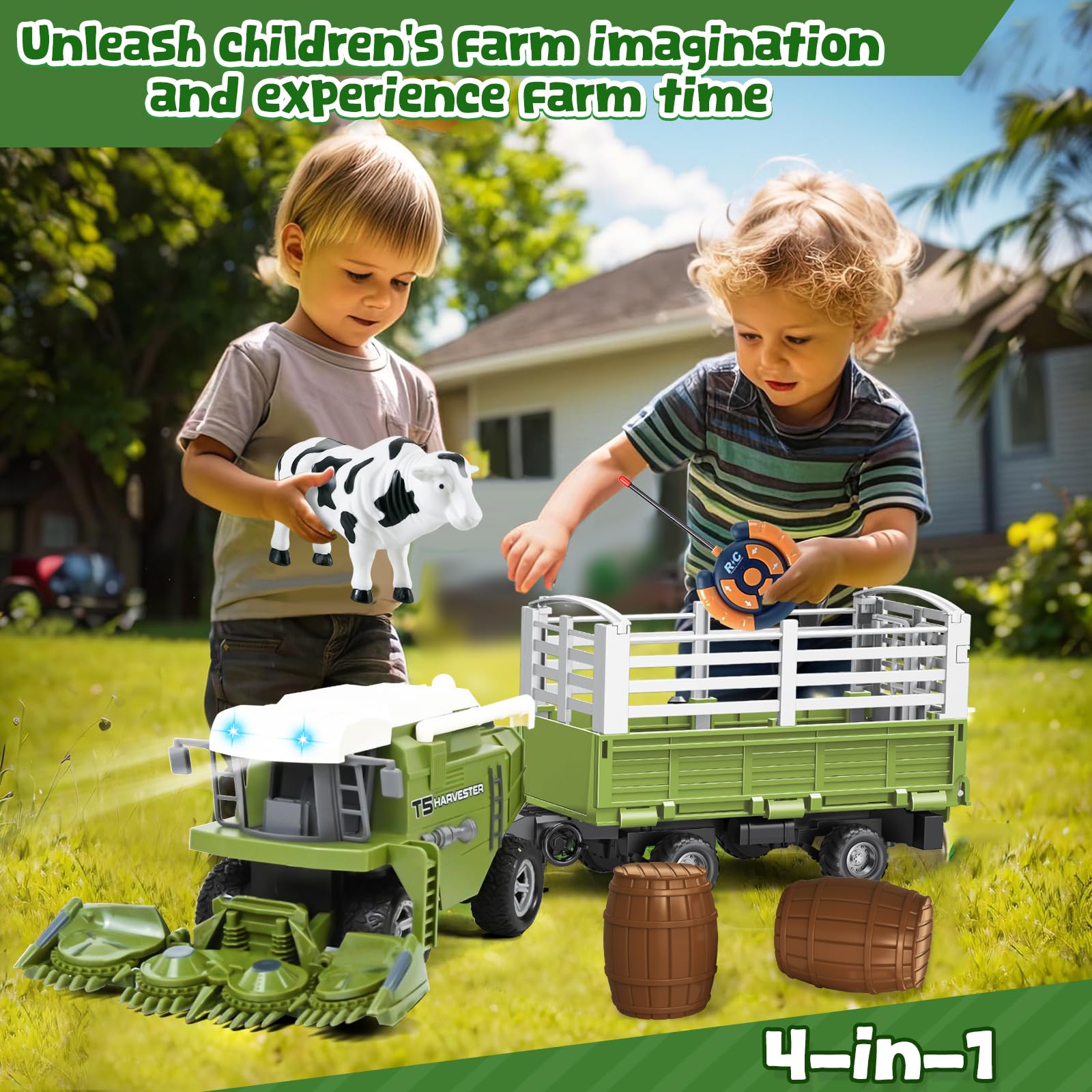 Joellfuner Cosechadora Teledirigida, Tractor Teledirigido para Niños, Tractor de Cosecha 2,4 GHz, Tractors de Cosechadora de Granja RC con Remolques y Vaca, Granja Juguete Regalo para Niños de 4+ años