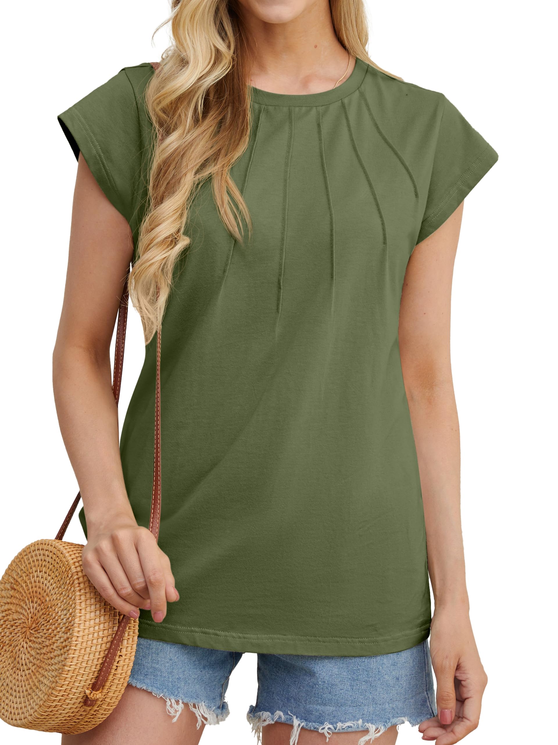GRECERELLEWomen's Summer Cotton Tops Cap Sleeves Pleated Crew Neck Ladies Casual T-Shirt