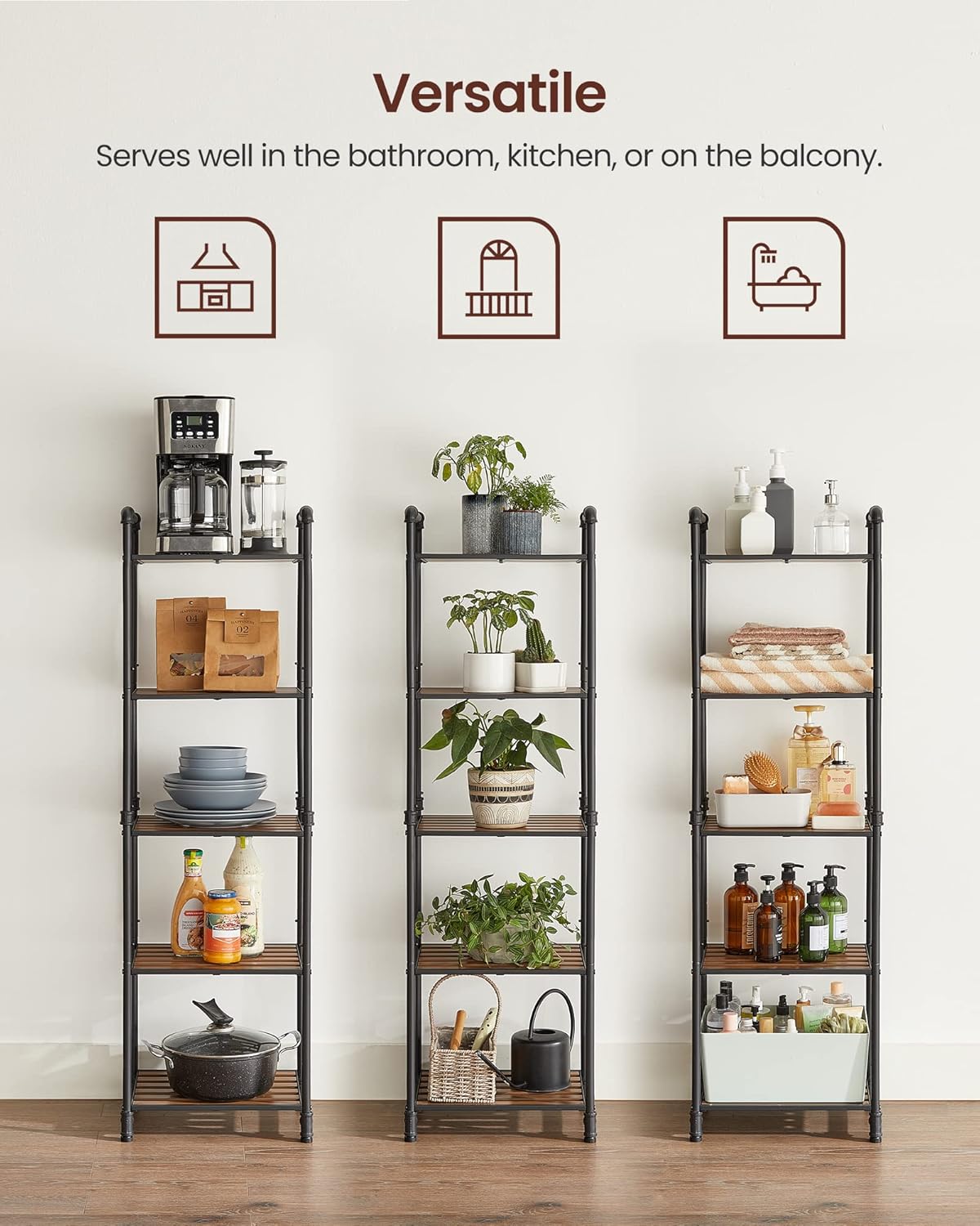 VASAGLE Bathroom Shelves, 5-Tier Storage Rack, Plant Flower Stand, 15.6 x 12.2 x 51 Inches, for Living Room, Balcony, Kitchen, Rustic Brown and Black UBSC25BXV2