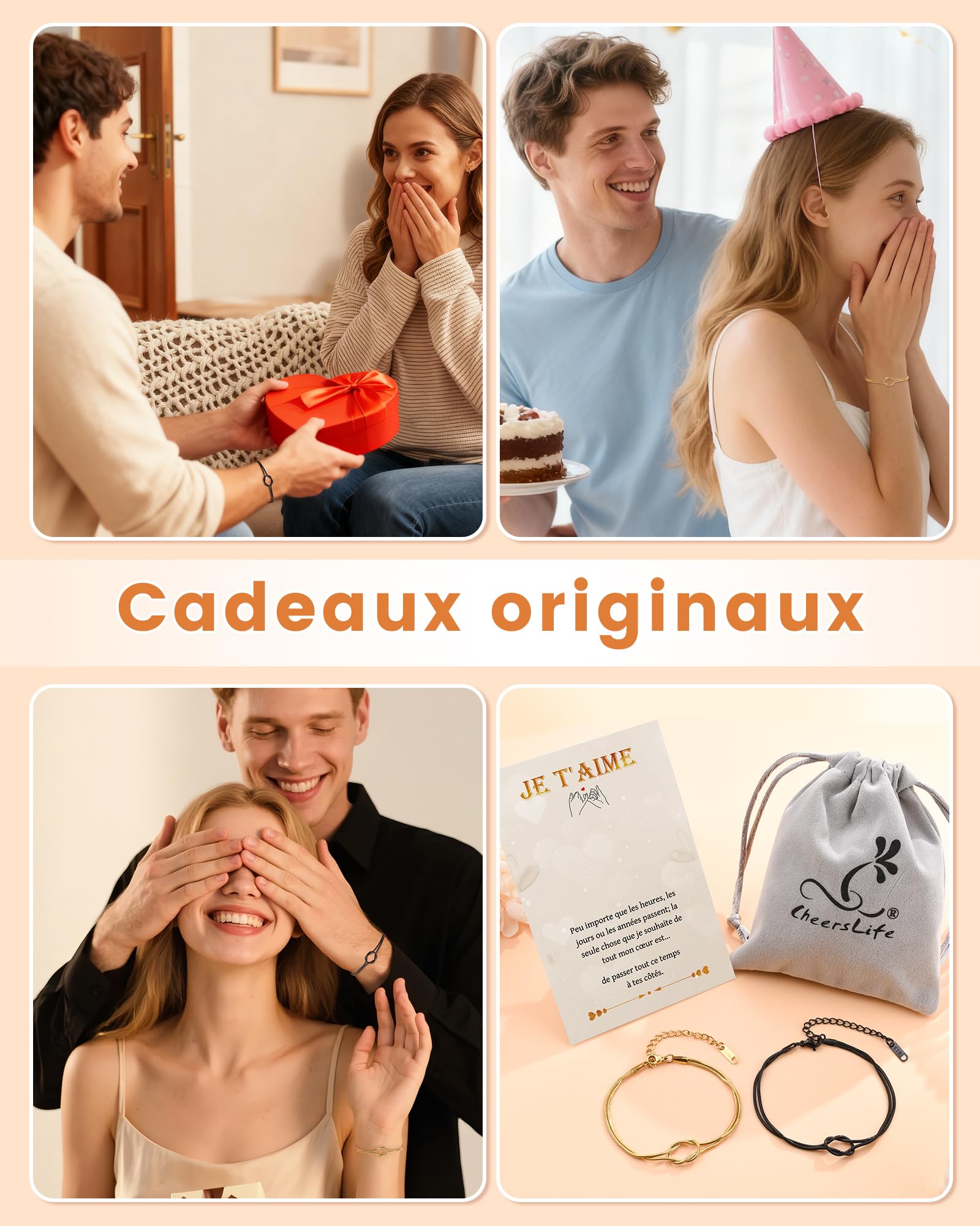 CheersLife 2 Pcs Bracelet Couple, Cadeau Mariage, Cadeau Couple Bracelet | Noeud pour Mr. & Mrs. Homme Femme et l'Amoureuse Cadeaux Femme Petite Amie Mari Cadeaux Saint Valentin Anniversaire