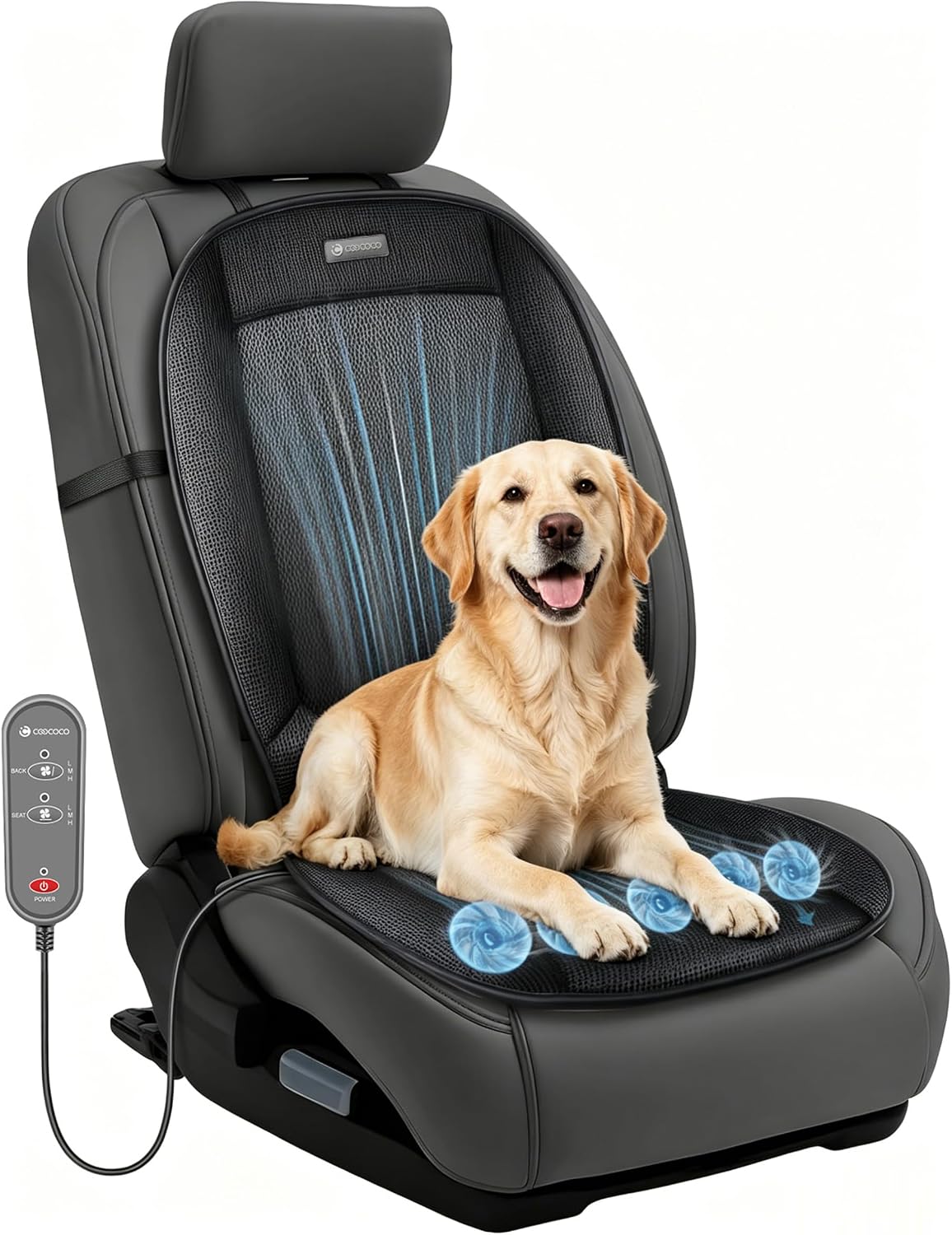 CooCoCo Ventilated Car Seat Cover with Airflow Fan for Pet Travel, Breathable 12V Seat Cushion for Dogs, SUVs, Trucks, and Long Car Rides, Adjustable Air Circulation Pad for Drivers and Pets