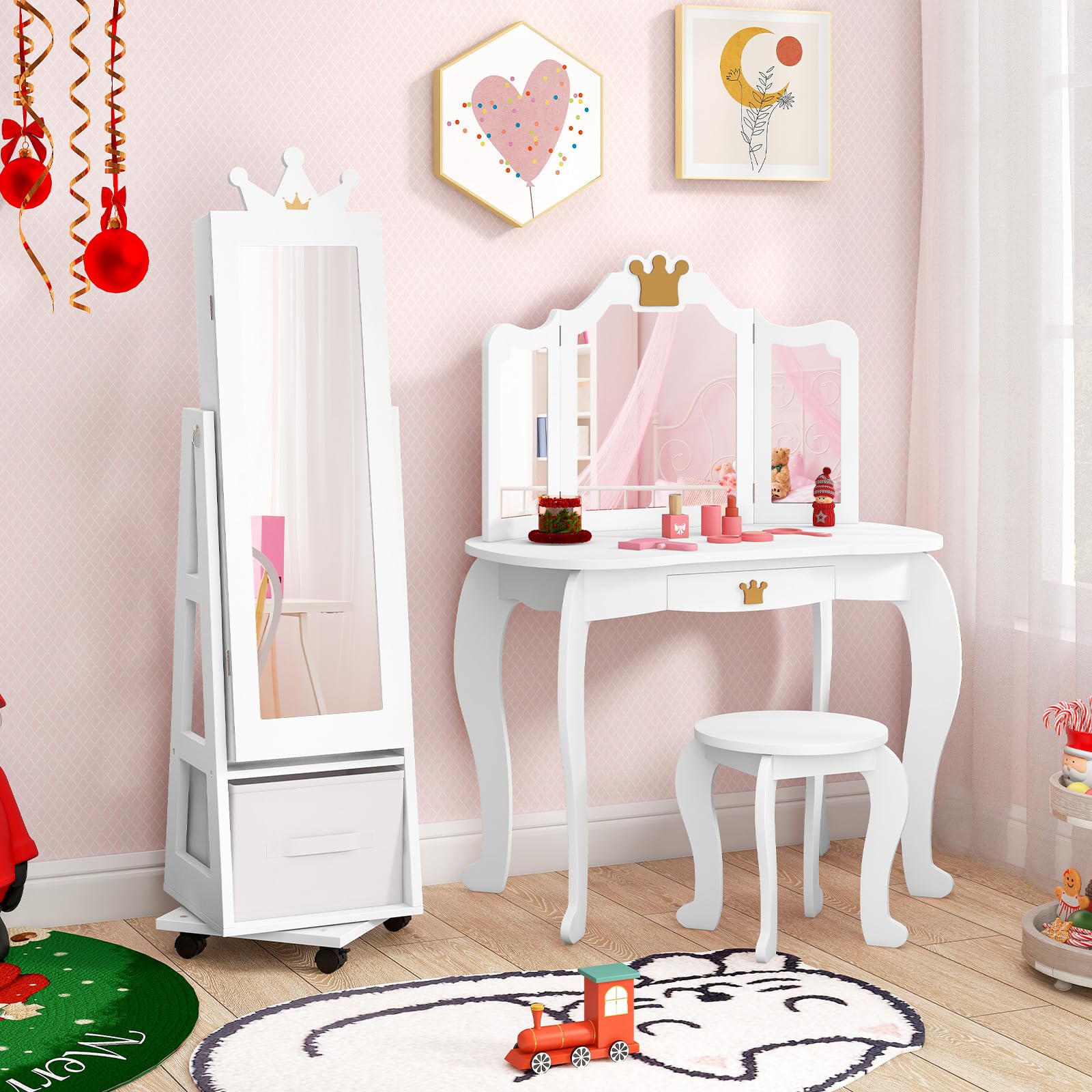 COSTWAY Armario Joyero para Niñas con Espejo de Cuerpo Completo y Base Giratoria, Blanco