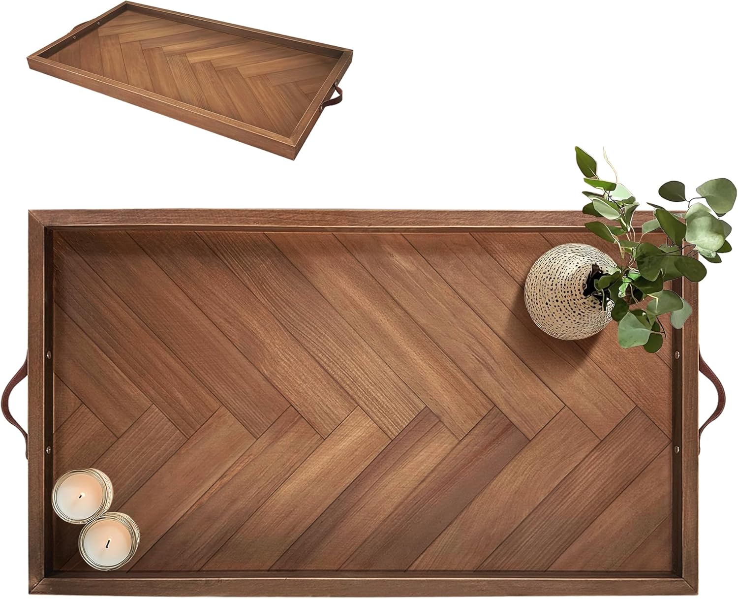 Large Square Ottoman Tray, 24"x24" Wooden Ottoman Trays with Leather Handles, Rustic Decorative Storage Tray for Ottoman