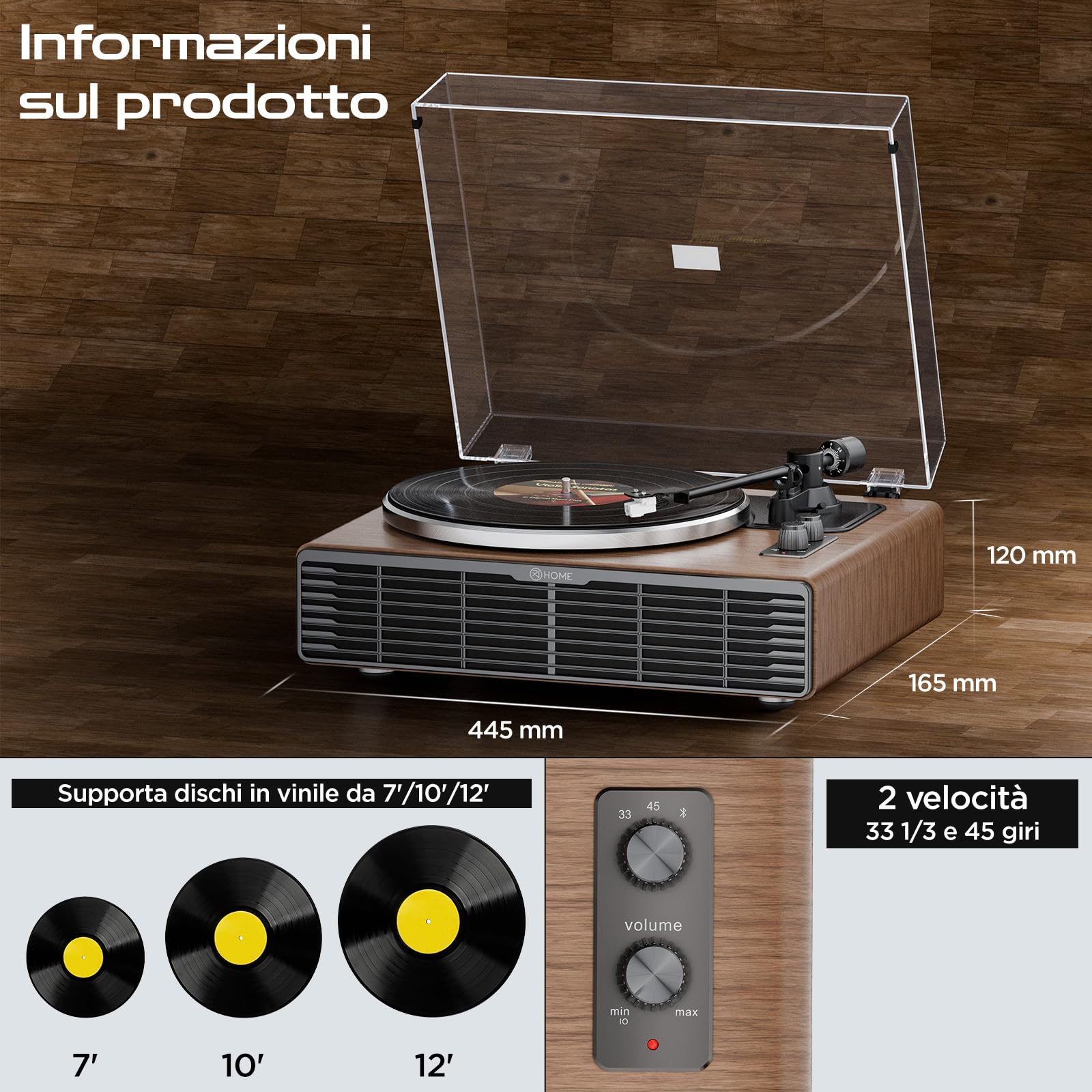 Giradischi Vinili, Giradischi Bluetooth HiFi con Altoparlanti Integrati, Puntina AT-3600L, 33/45 Giri a Cinghia, Funzione Aux-In, vinyl player (Noce)