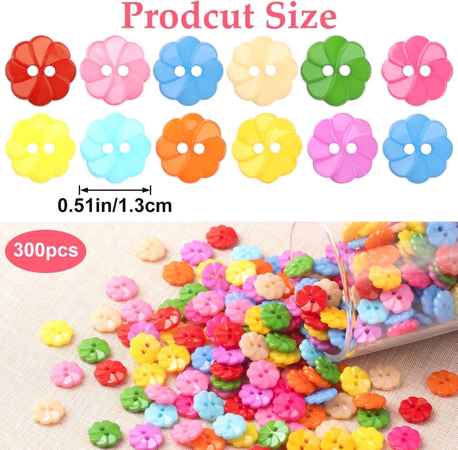 300pcs Flower Buttons, Spring Resin Flower Shaped 2 Hole Sewing Buttons, Decorative Plastic Fasteners for Sewing Clothes Accessories DIY Crafts Scrapbooking Decoration- Colorful
