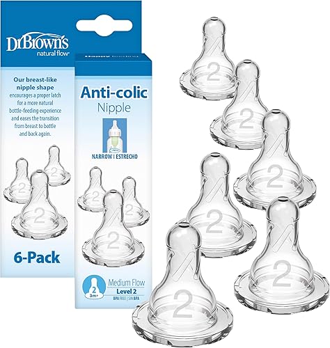 Dr. Brown’s Narrow Level 2 Medium Flow Nipple, 3m+, 6-Pack | 100% silicone nipples for Options+ Narrow baby bottles, medium flow rate for 3m+ babies