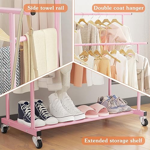 Miniatura 7 de Calmootey Perchero de ropa de doble barra, organizador de ropa portátil para dormitorio, sala de estar, tienda de ropa, rosa