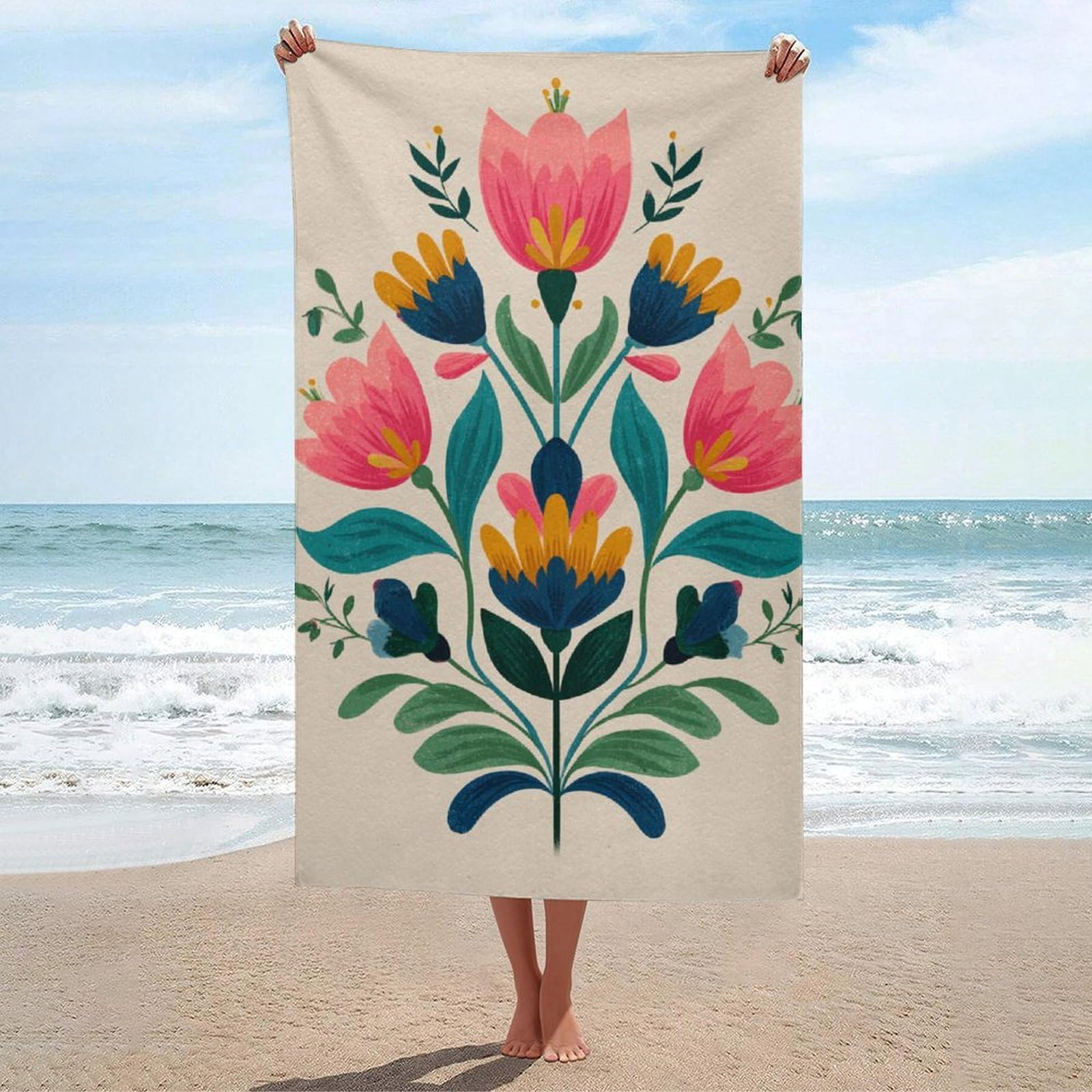 asbwuo Mid-Century Modern Green and Pink Flowers Beach Towel