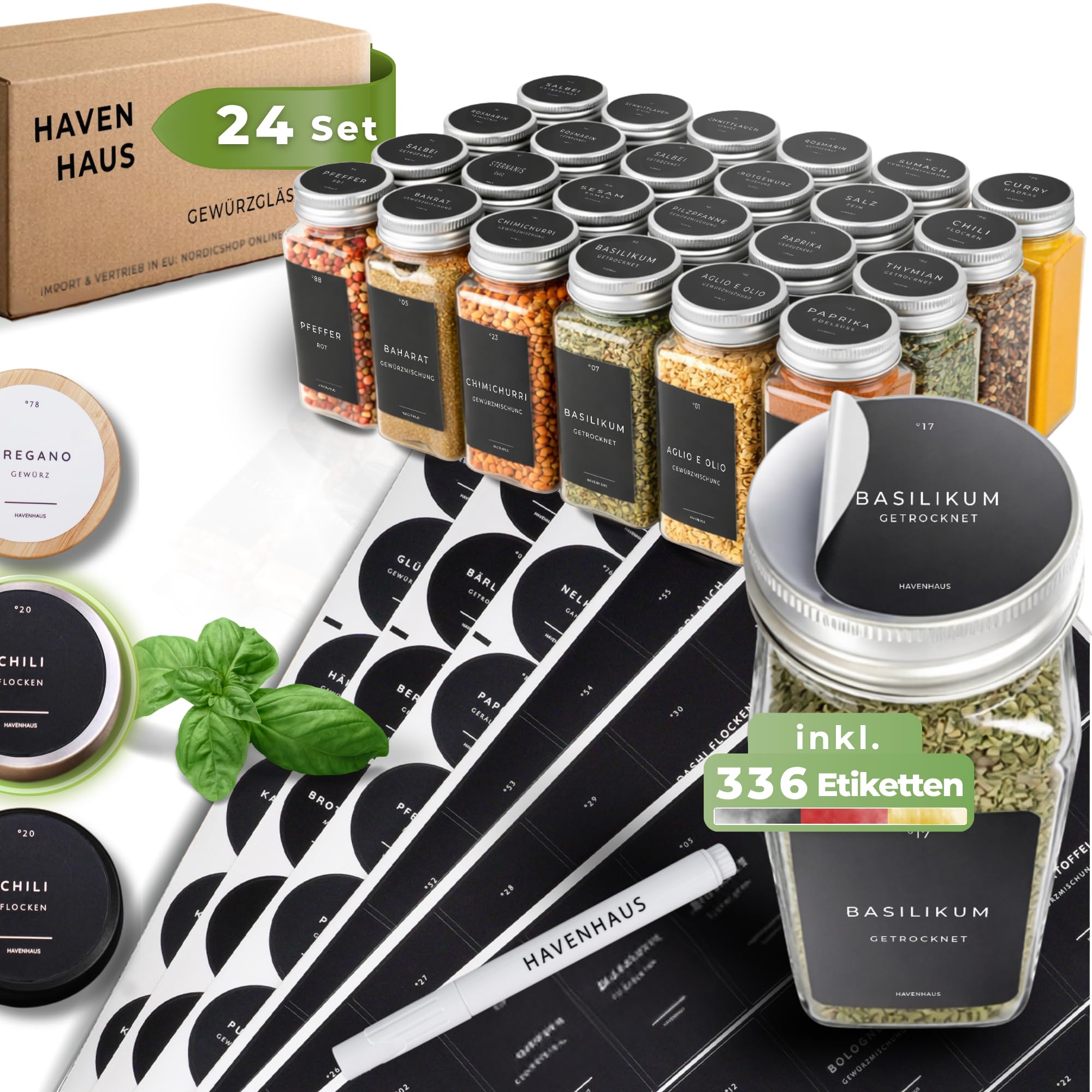 𝗛𝗔𝗩𝗘𝗡𝗛𝗔𝗨𝗦 Gewürz Organizer Set I 24x Gewürzgläser eckig [120ml] mit Streuaufsätzen & Deckel luftdicht I 24x Gewürzgläser Glas mit 336 modernen Gewürzetiketten I Spice jars, Gewürzdosen