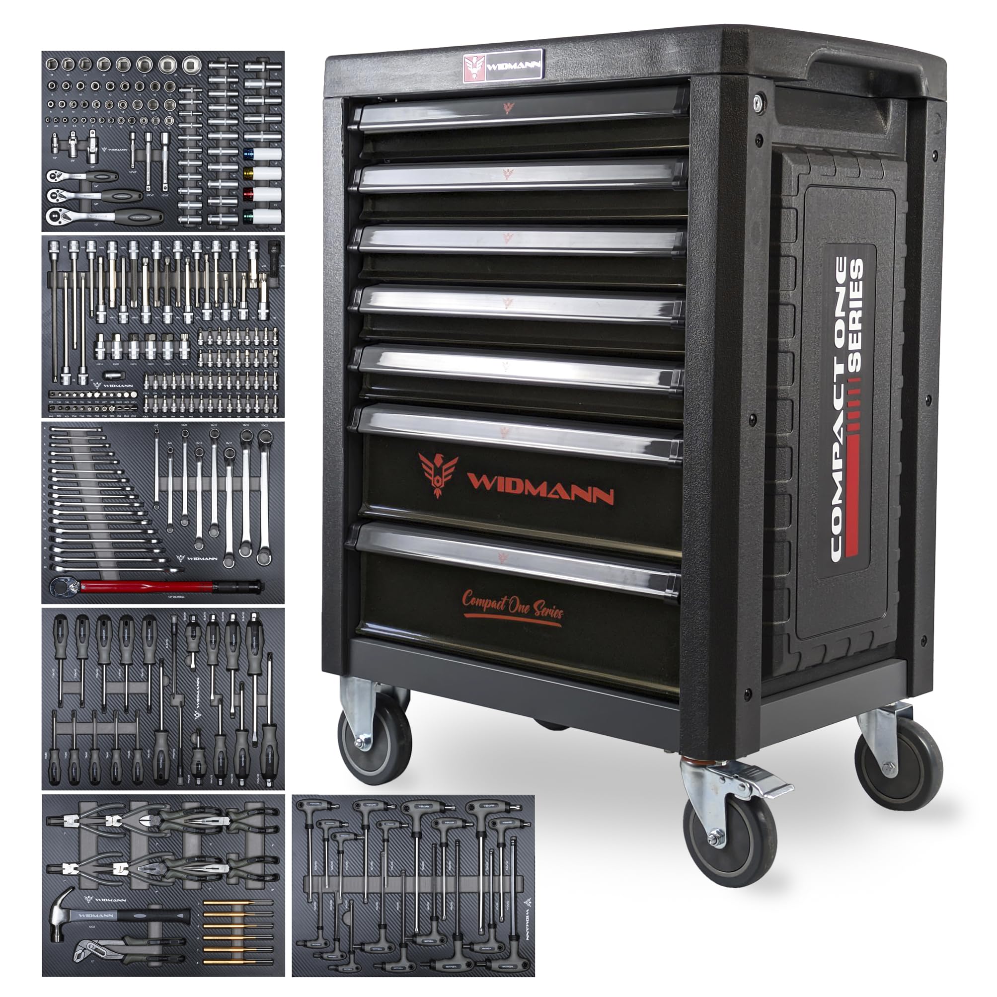 WIDMANN Tool Trolley Cabinet with 263pcs Tools Steel Workshop Storage Chest Carrier ToolBox, Compact One Series (Black)