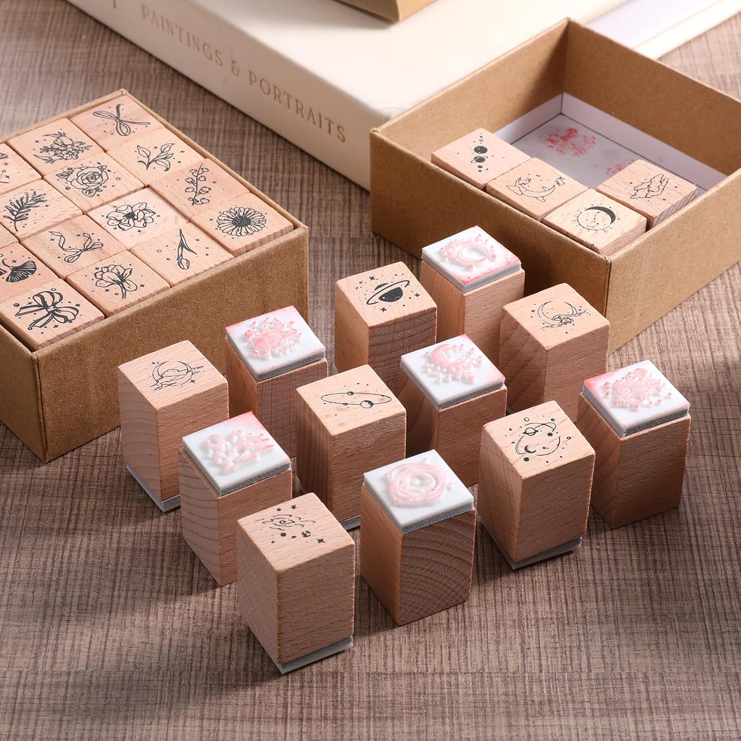 32 PCS Wooden Rubber Stamp Set, flower stamp Rubber Stamps for Crafting Universe Galaxy Botanical Vintage Decorative Wood Mounted Rubbers Stamps for Crafting Arts and DIY Crafts, Journals, Card Making