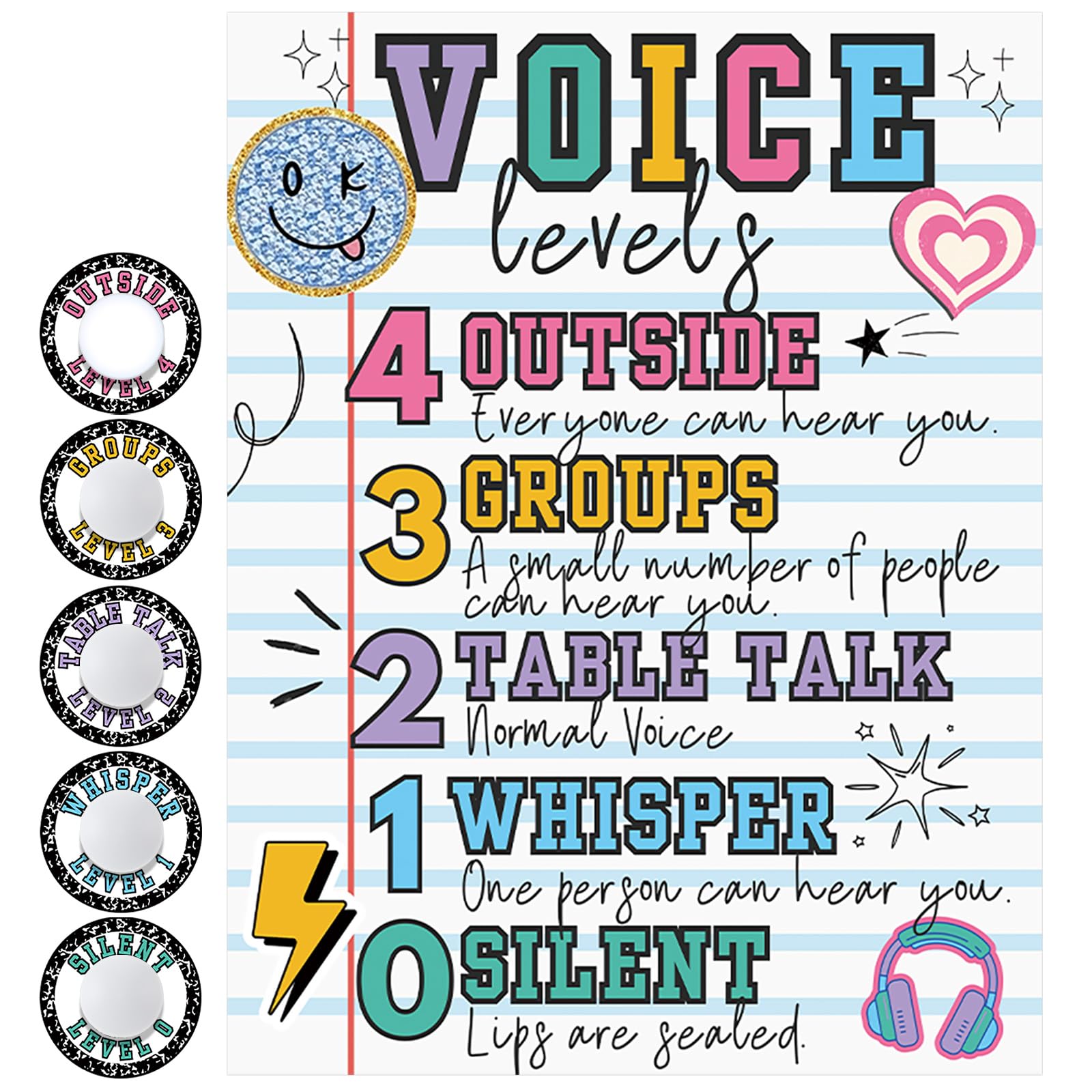 Glooglitter 5 Pcs School Push Light and Voice Level Poster Sticker LED Tap Light Battery Operated Voice Chart Button Lights Noise Level Monitor Rules Sign for Classroom Teachers(Line Book)
