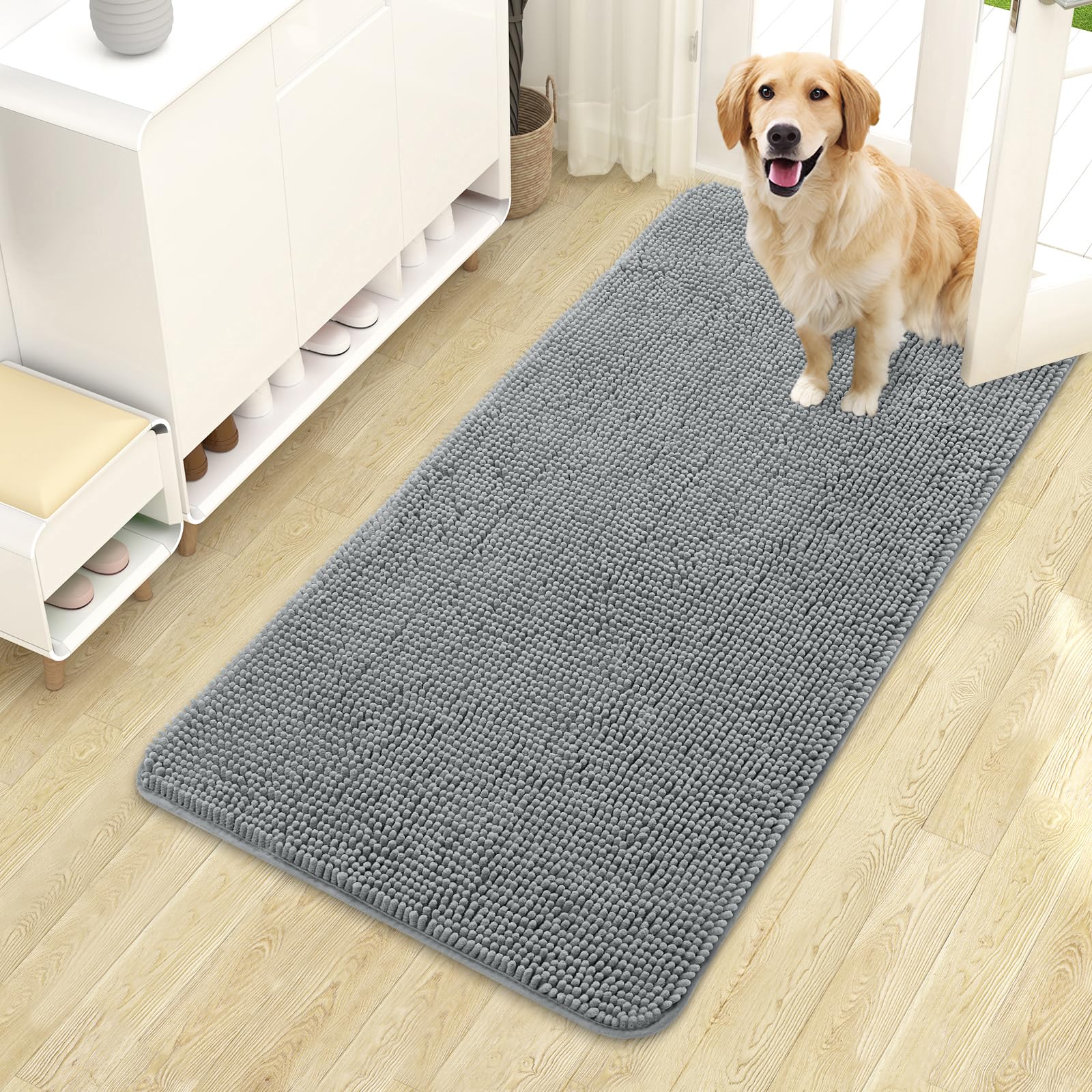 OLANLY Dog Door Mat for Muddy Paws 44x24, Absorbs Moisture and Dirt, Absorbent Non-Slip Washable Doormat, Quick Dry Chenille Mud Mat for Dogs, Entry Indoor Entryway Carpet for Inside Floor, Grey โ image 1