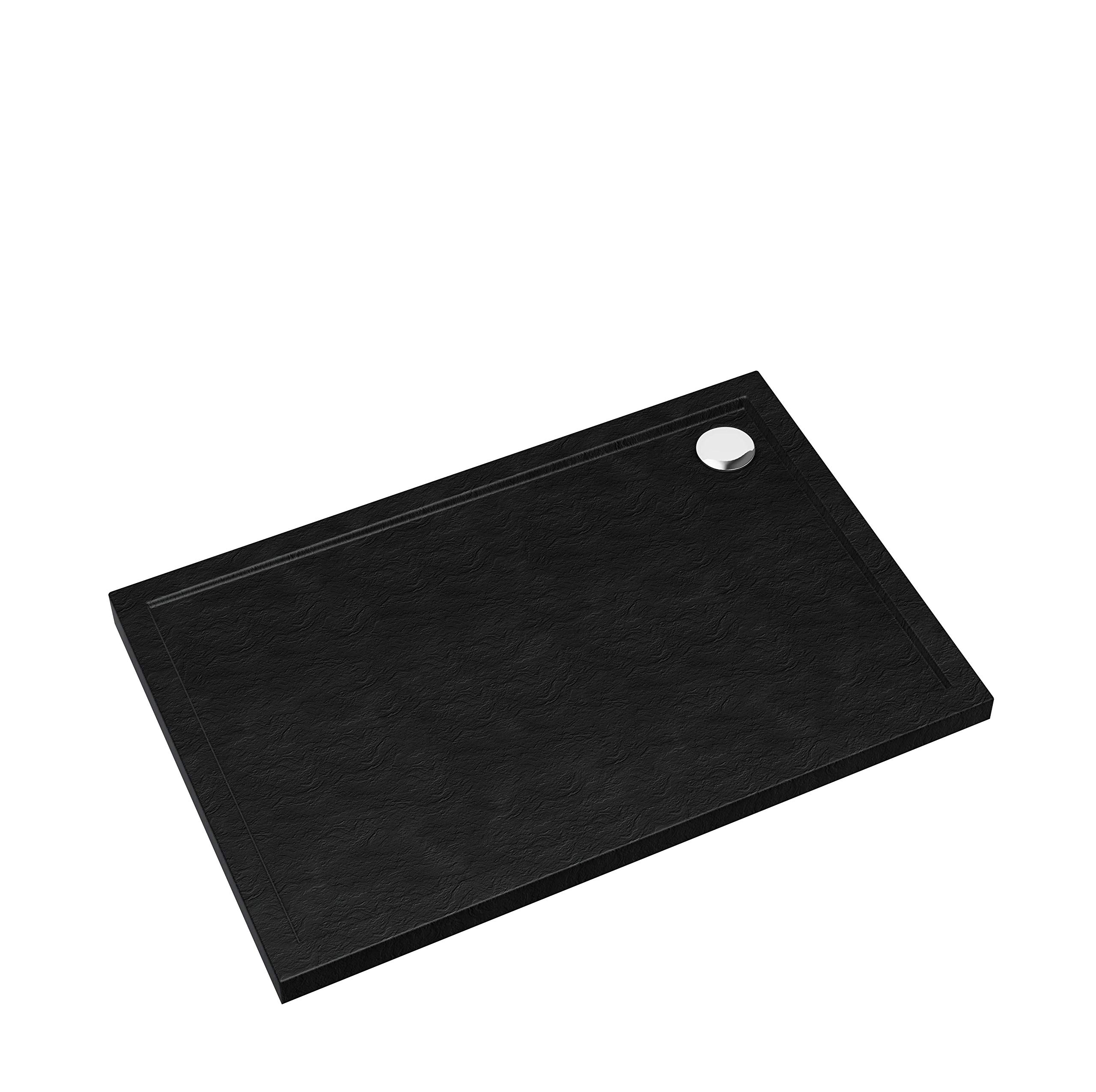 Sellon24® Plato de ducha negro piedra cuadrado rectangular cuarto círculo plato ducha efecto piedra negra (90 x 100 x 4,5)